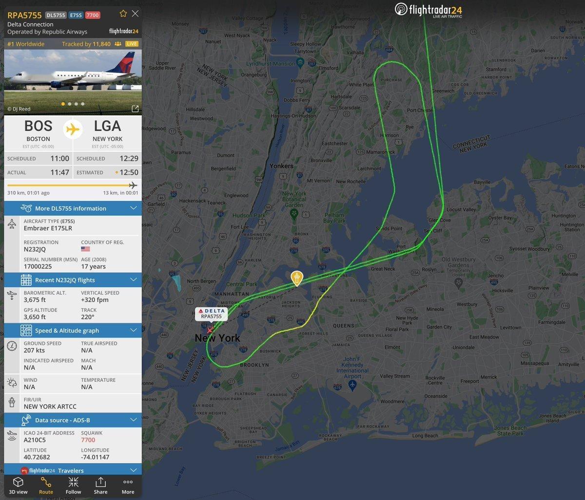 🔻F24数据显示：DL5755航班 ，波士顿-纽约（LGA），在纽约附近挂出 