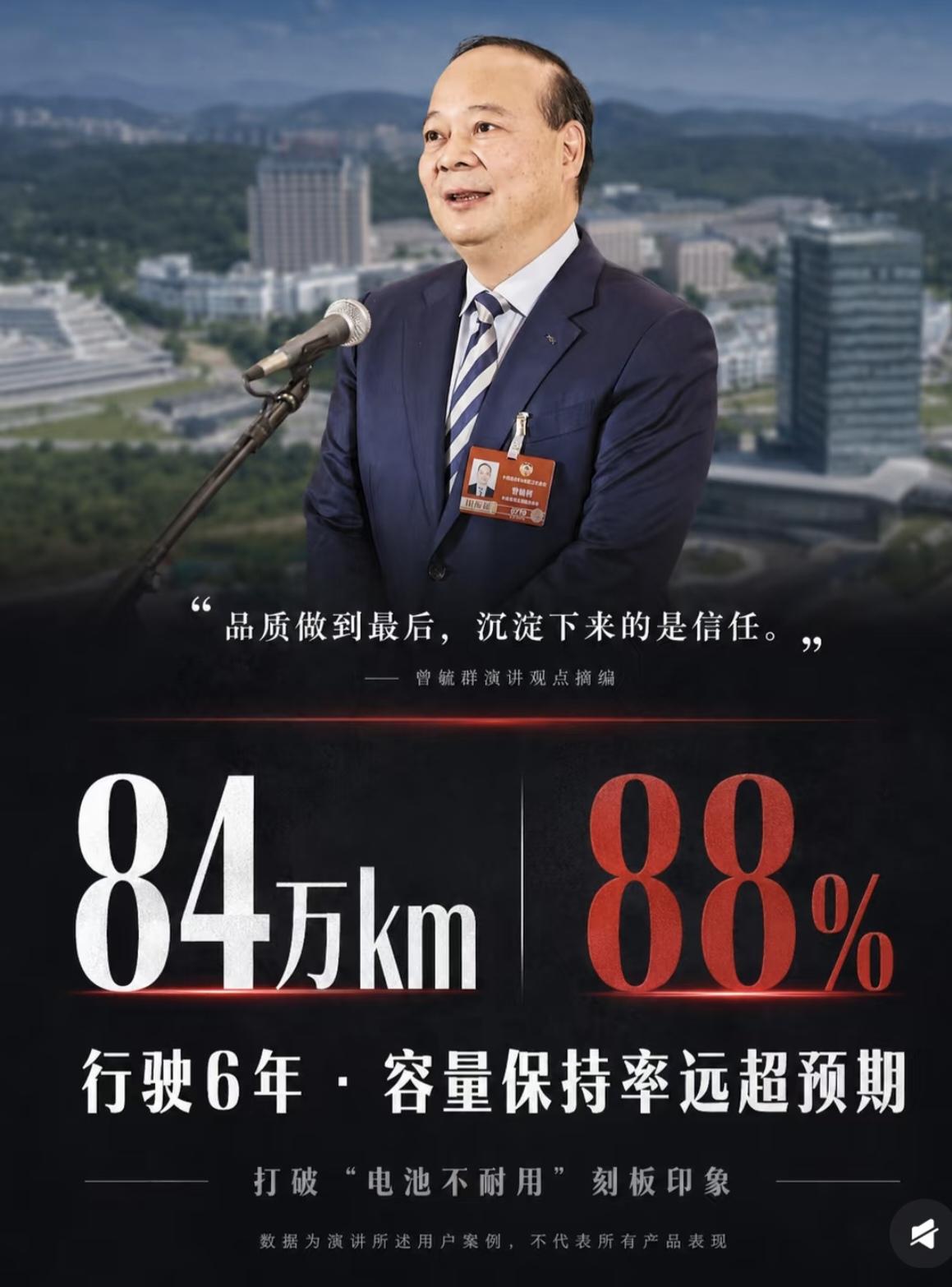 宁德品质:一块电池跑84万公里。
曾毓群：品质做到最后，沉淀下来的是信任。他在动