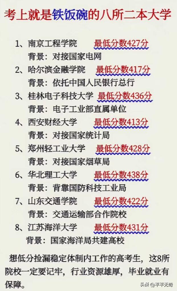 想拿铁饭碗，一些二本大学是不错的选择。就像甘肃有7所公办二本院校，虽不太有名且大