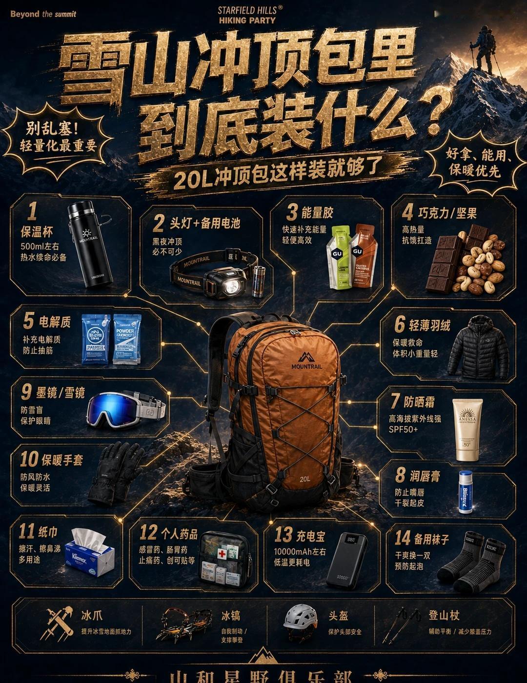 雪山冲包里到底装什么？
装备分享 雪山装备攻略 雪峰装备 爬雪山攻略 山和星野俱