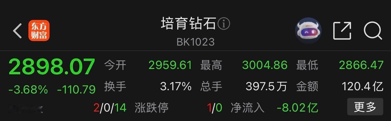 今天盘面有一个特点，就是“培育钻石” 今天是跌幅靠前的，这个板块走势跟大盘一般是