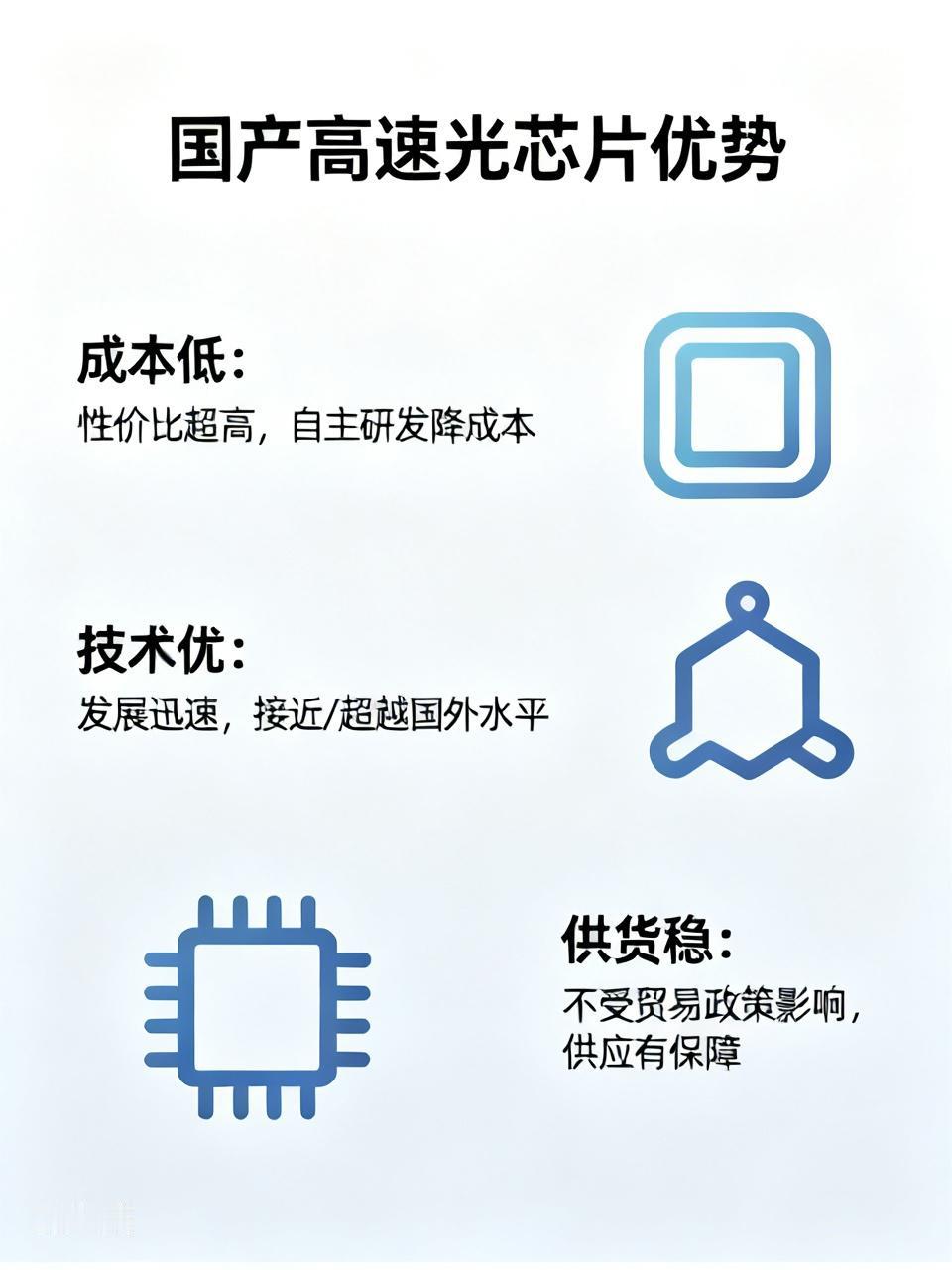国产高速光芯片优势可不少。从成本上看，国产高速光芯片性价比超高。国外芯片价格往往
