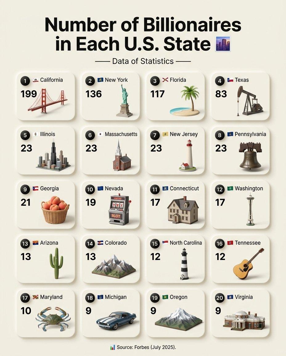美国各州亿万富翁人数🌆(资产$10亿美元以上）
1. 加利福尼亚州：199位