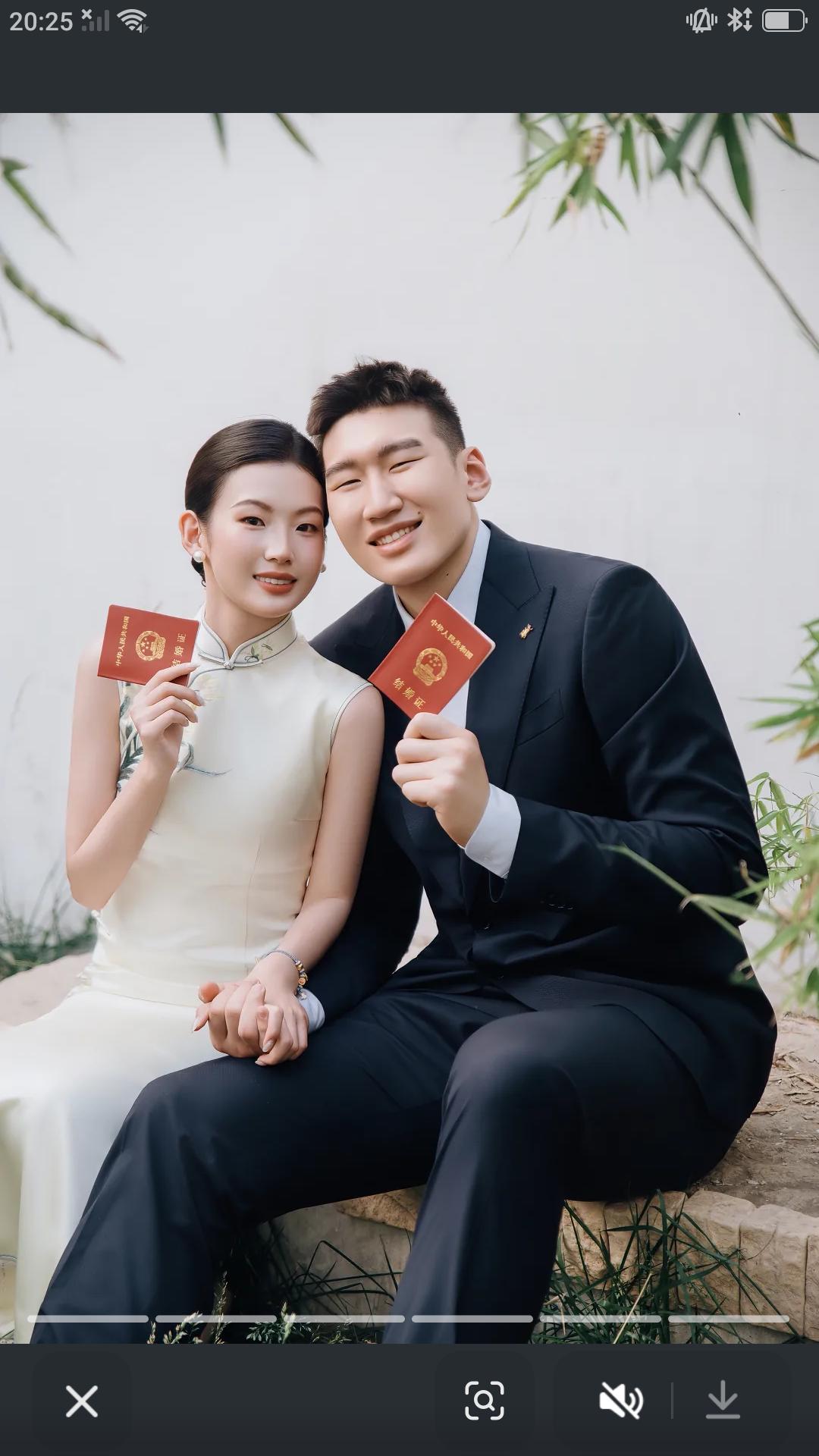 昨天新疆男篮内线李彦哲更新社媒，公布和女友瑶妹儿〔王雨晴〕登记领证照片，夫妻俩手