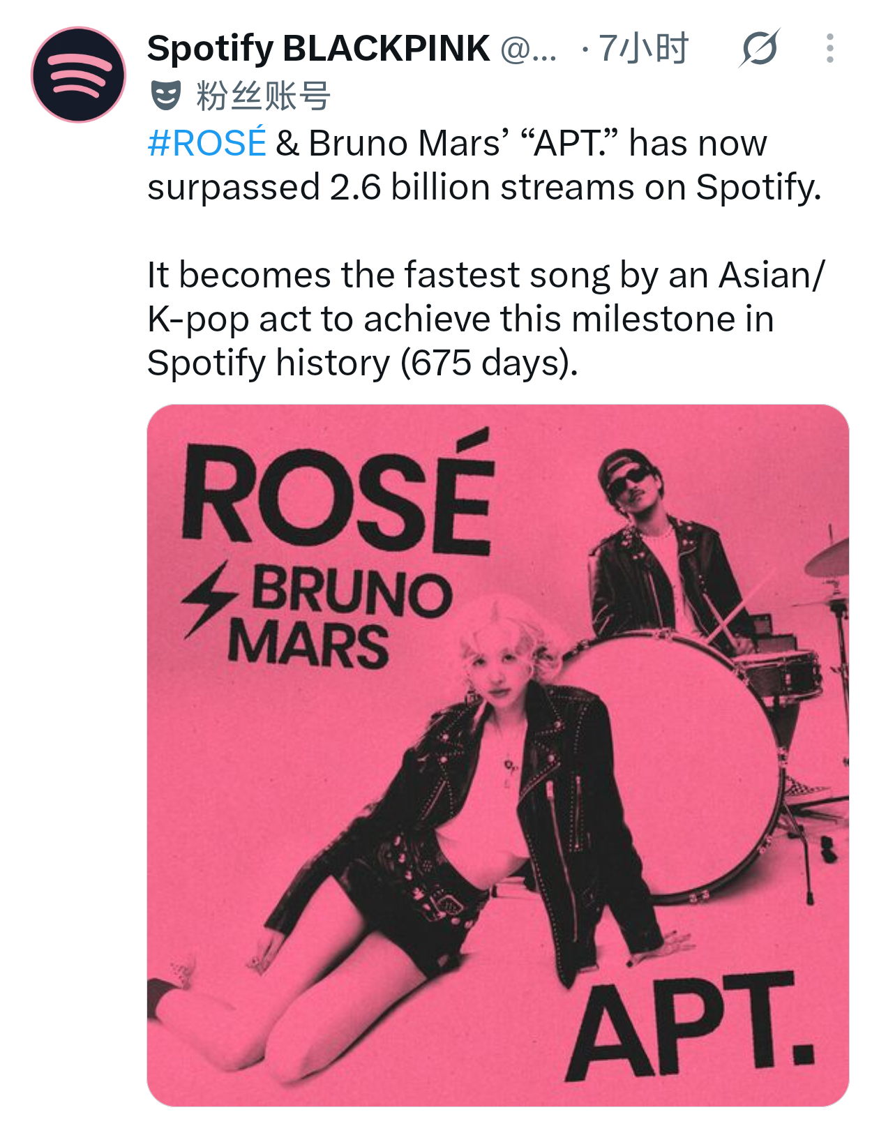 BLACKPINK[超话] 「APT.」Spotify流媒突破26亿成为最快达到