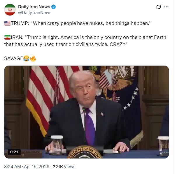 特朗普：“当疯子拥有核武器时，坏事就会发生。”
伊朗回应：“特朗普说得对。美国是