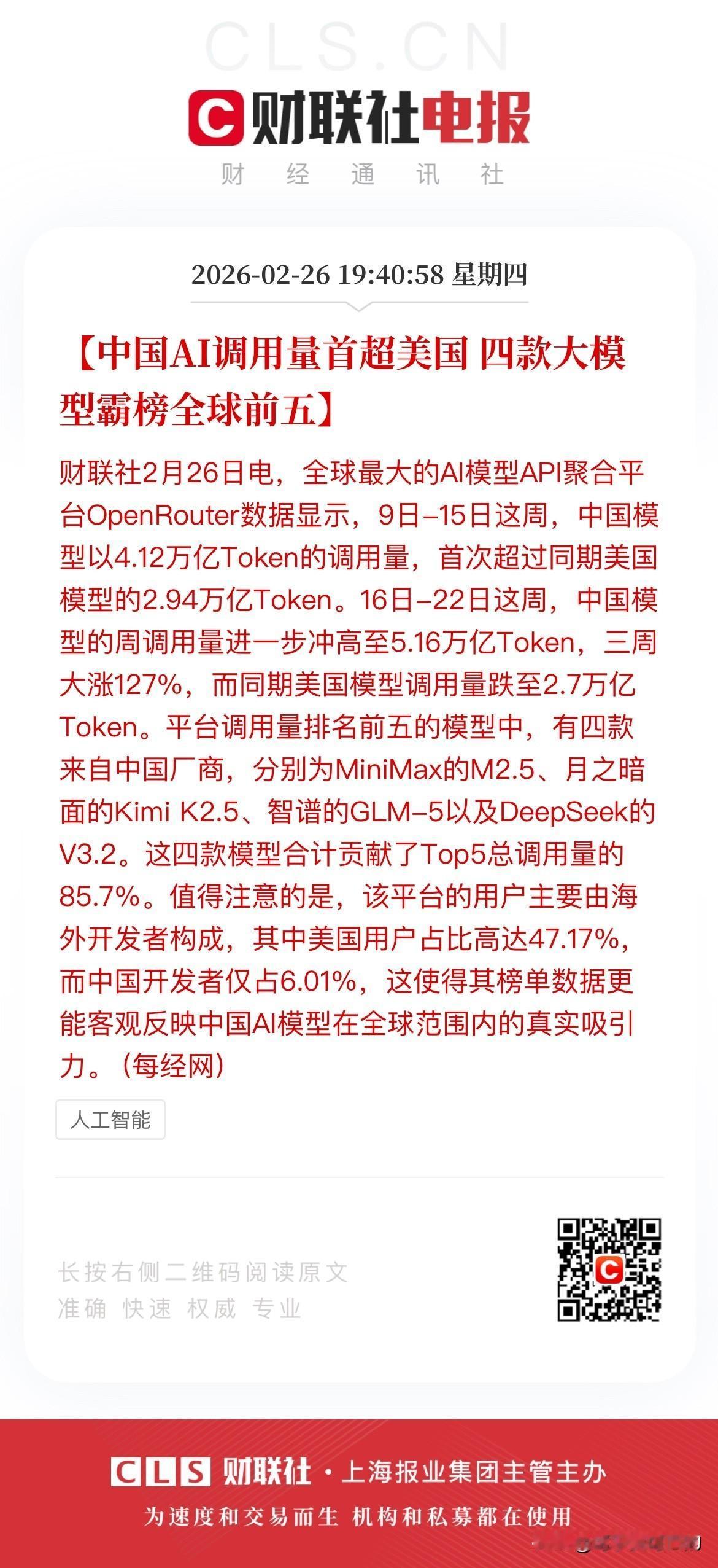 中国AI调用量首超美国！
据有关数据显示，在2月9日至15日这周中国模型以4.1