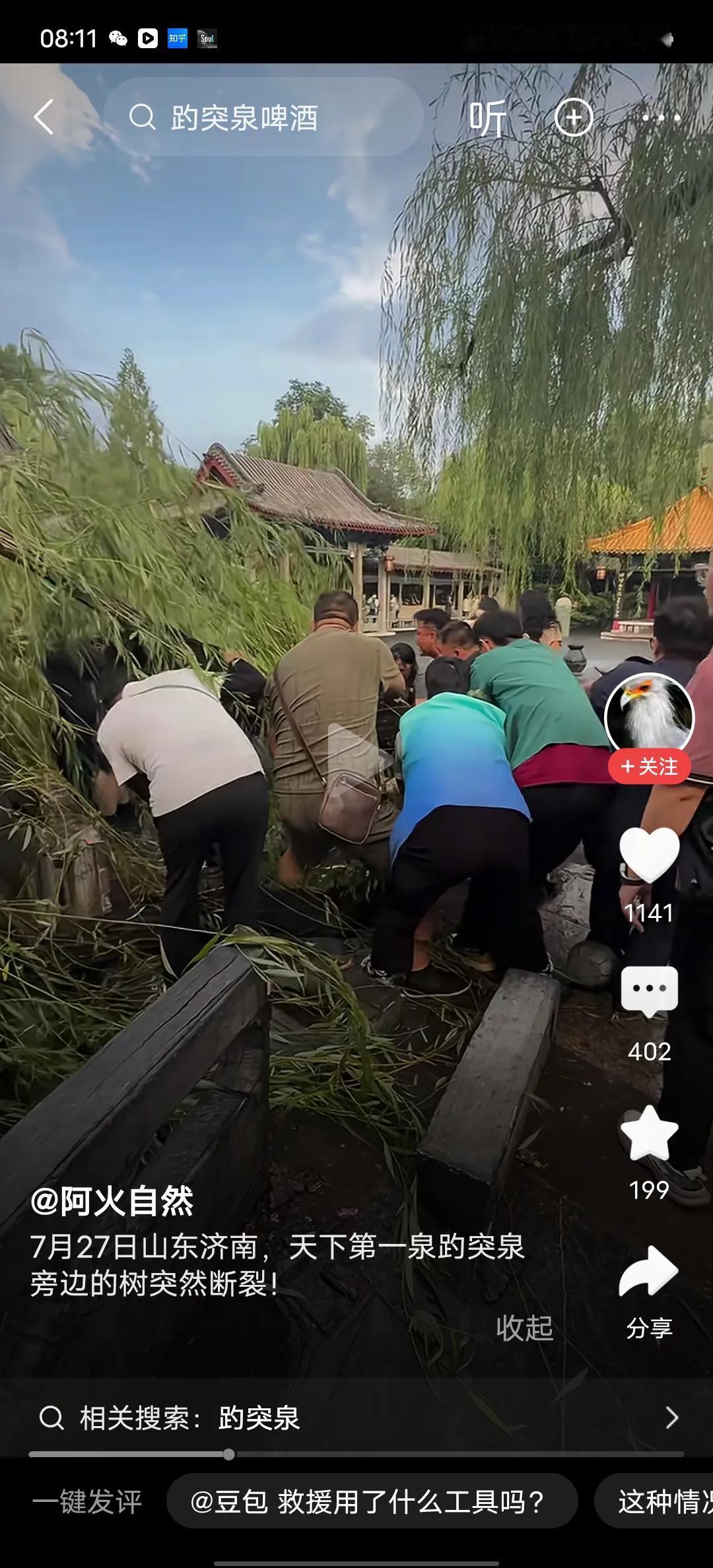 7月27号济南趵突泉的一颗大柳树，在大雨和大风中直接倒了下去，当时有好多游客在现
