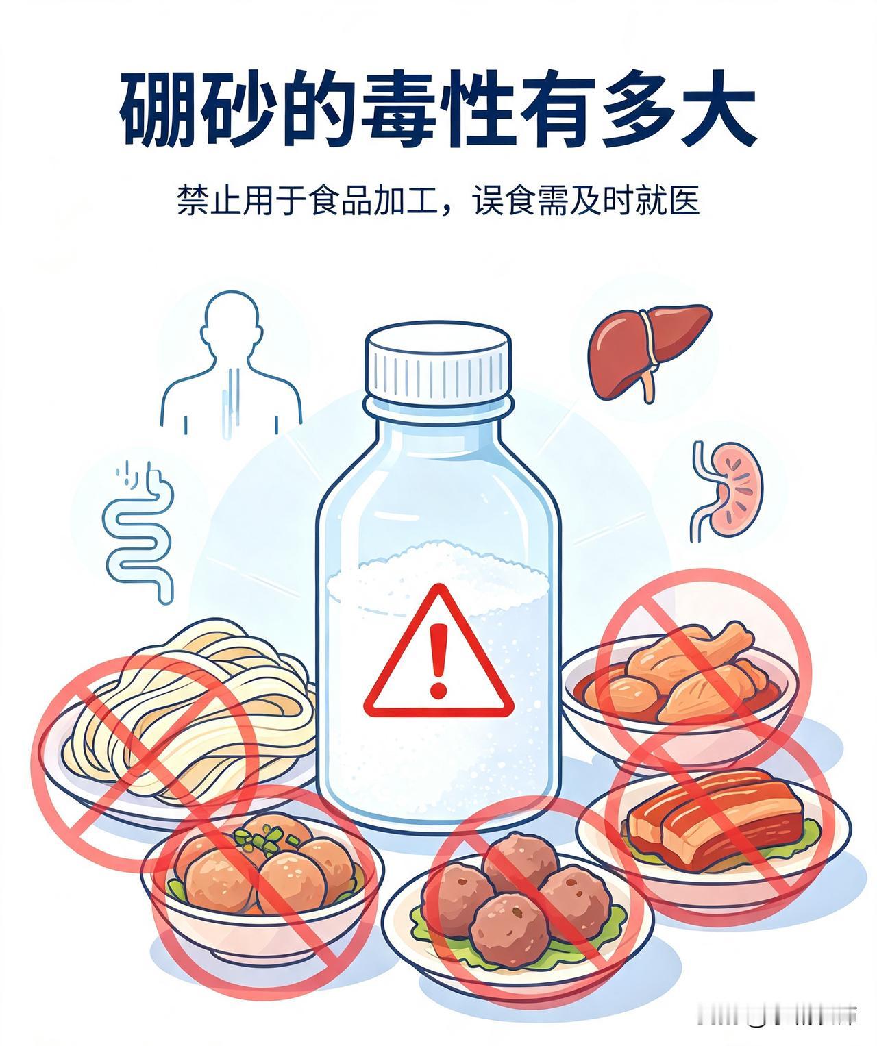 硼砂有较强毒性，我国明确禁止用于食品加工。成人急性中毒，1‑3克就会出现恶心呕吐