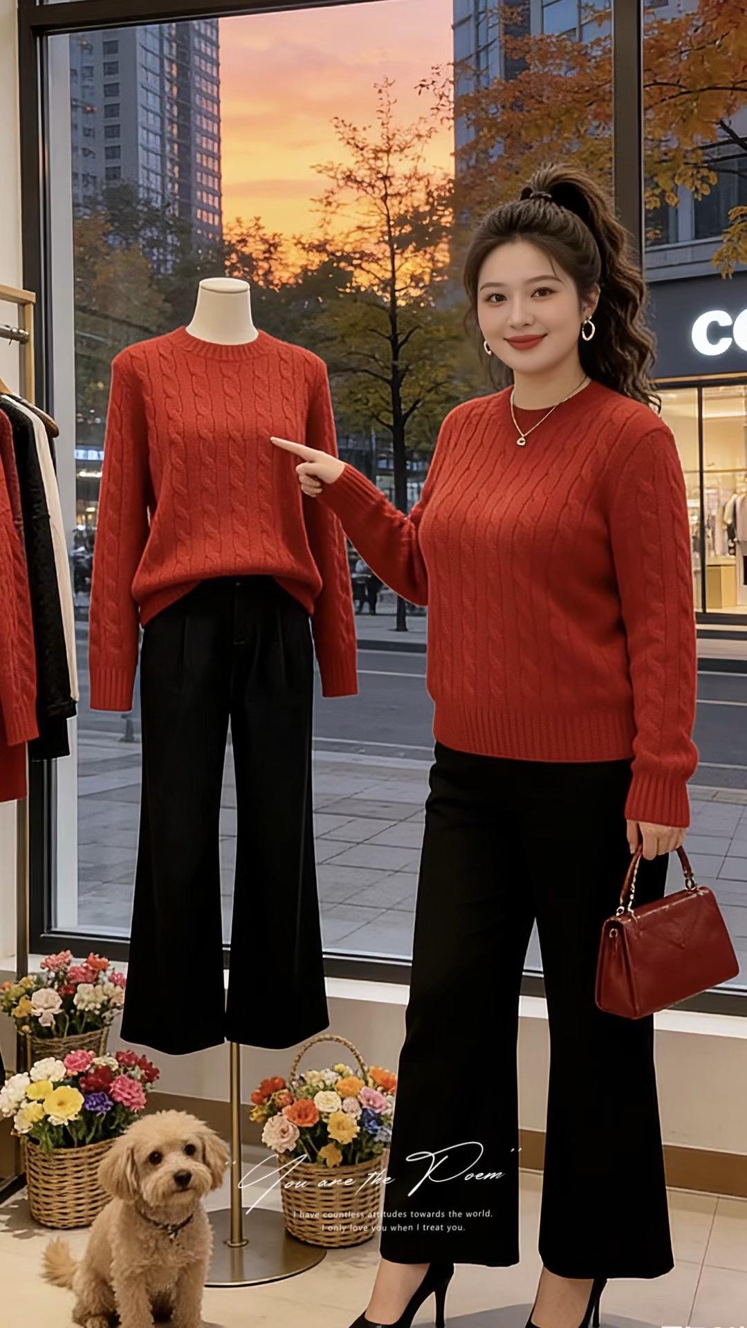 针织绞花宽松圆领毛衣，慵懒随性不挑身材