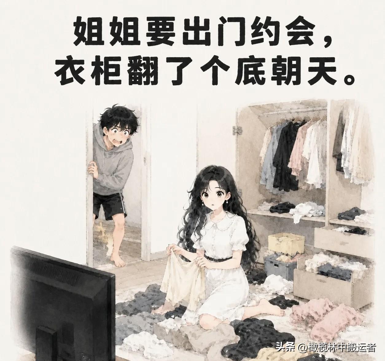趣味漫画：姐姐要出门约会，衣柜翻了个底朝天。弟弟路过瞄一眼：“姐，我那件白T你还