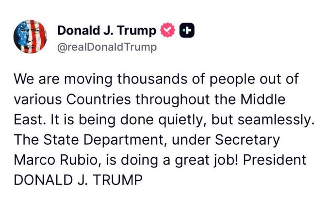 特朗普今天在各种场合狠狠表扬了鲁比奥同志从中东撤离美国公民的工作。特朗普还发帖总