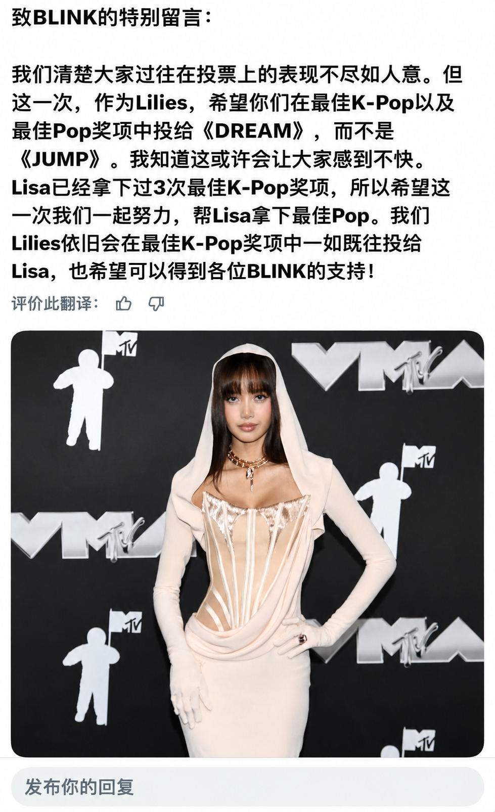 lilies、blink请全力帮助Lisa拿下26年vma最佳pop以及最佳kp