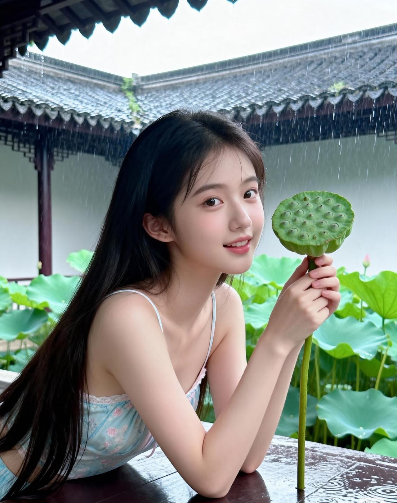 光之影
雨中荷香满，笑语入画来。