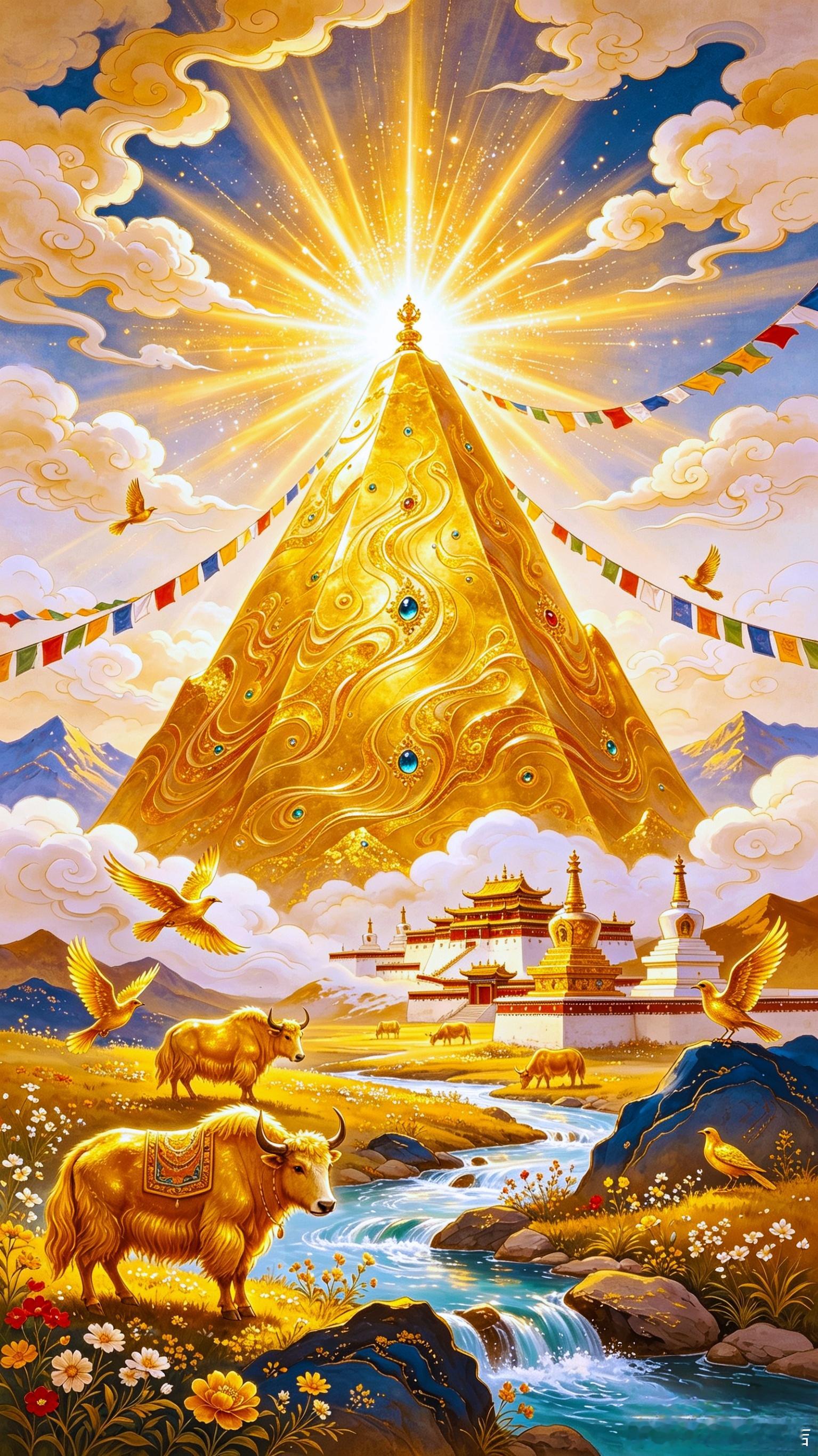 凡鸟兽万物，傍近金山，为金光之所熏被，悉皆化为金色。如是，亲近菩萨之一切有情，蒙