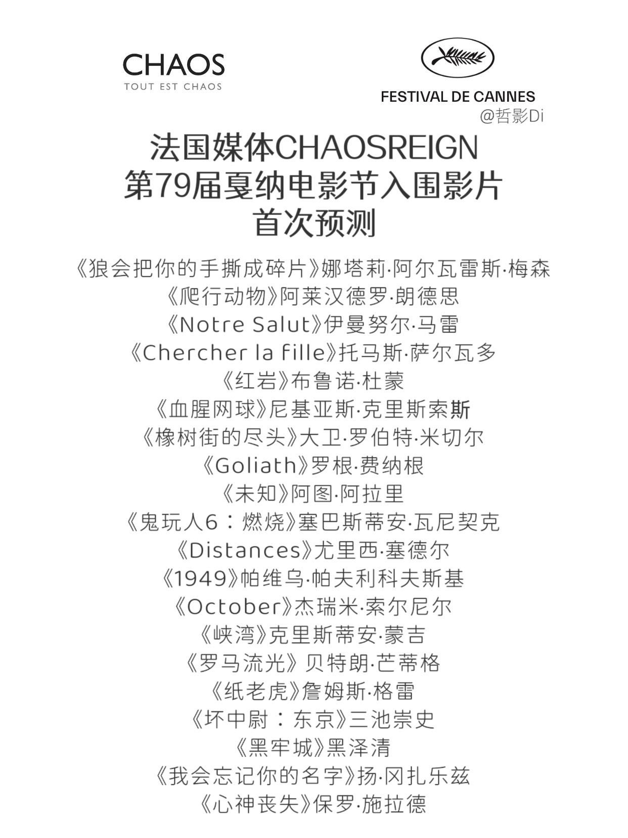 法国媒体Chaosreign第79届戛纳电影节入围影片首次预测片单发布，其中有几