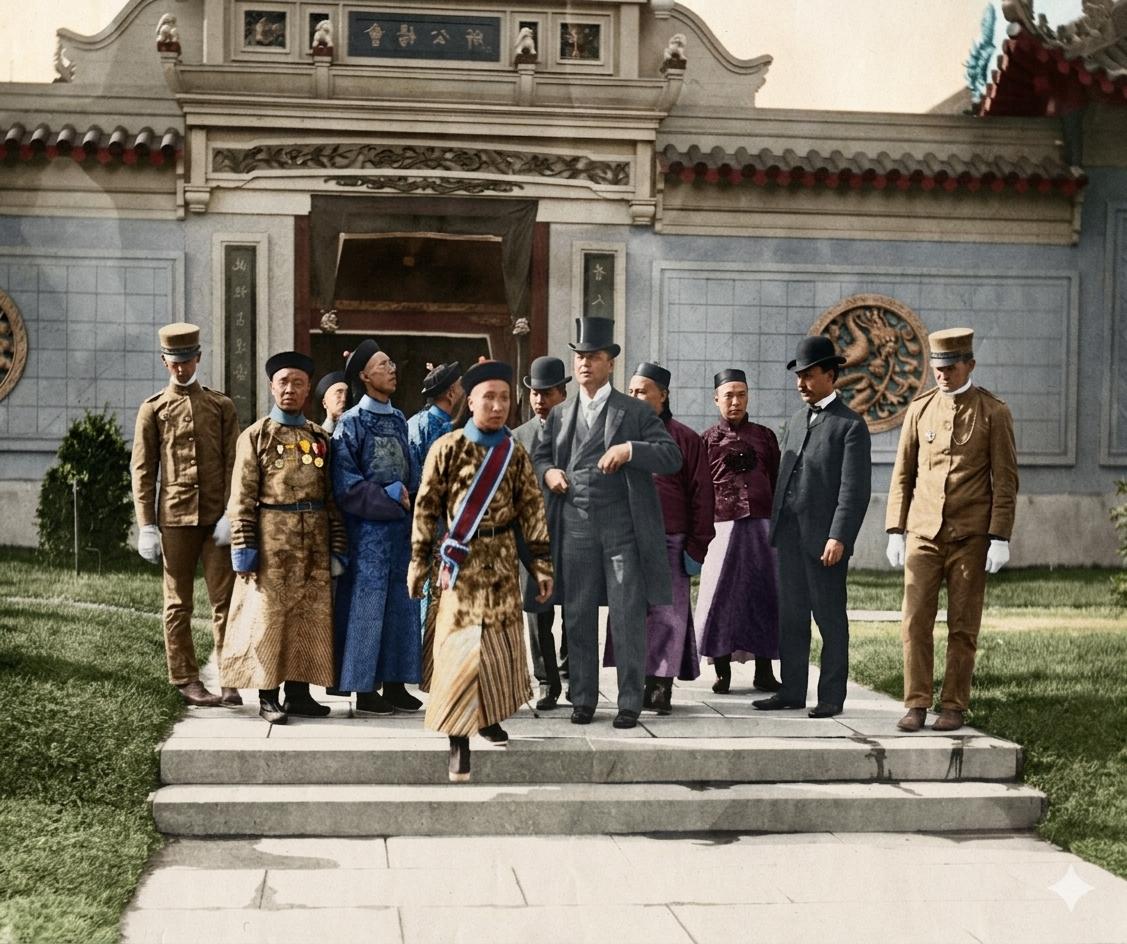 1904年，圣路易斯世博会，中国馆的落成典礼。
典礼上，千余名宾客齐聚，包括世博