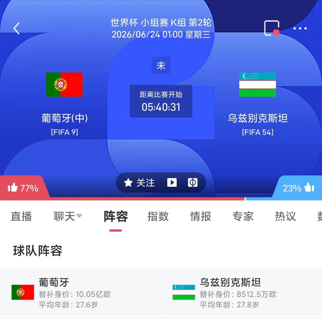周二045 葡萄牙VS乌兹别克足球计划臻选开赛时间：06-24 01:00身价葡