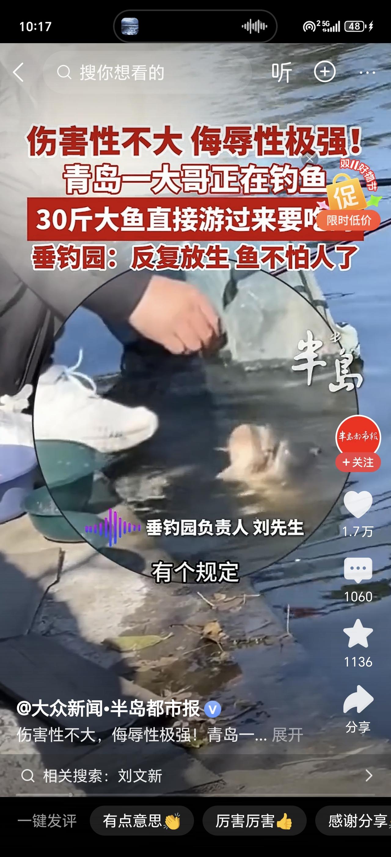 钓鱼钓出神仙名场面？30斤的大家伙主动游到岸边，对着钓鱼大哥摇尾巴要吃的，这操作