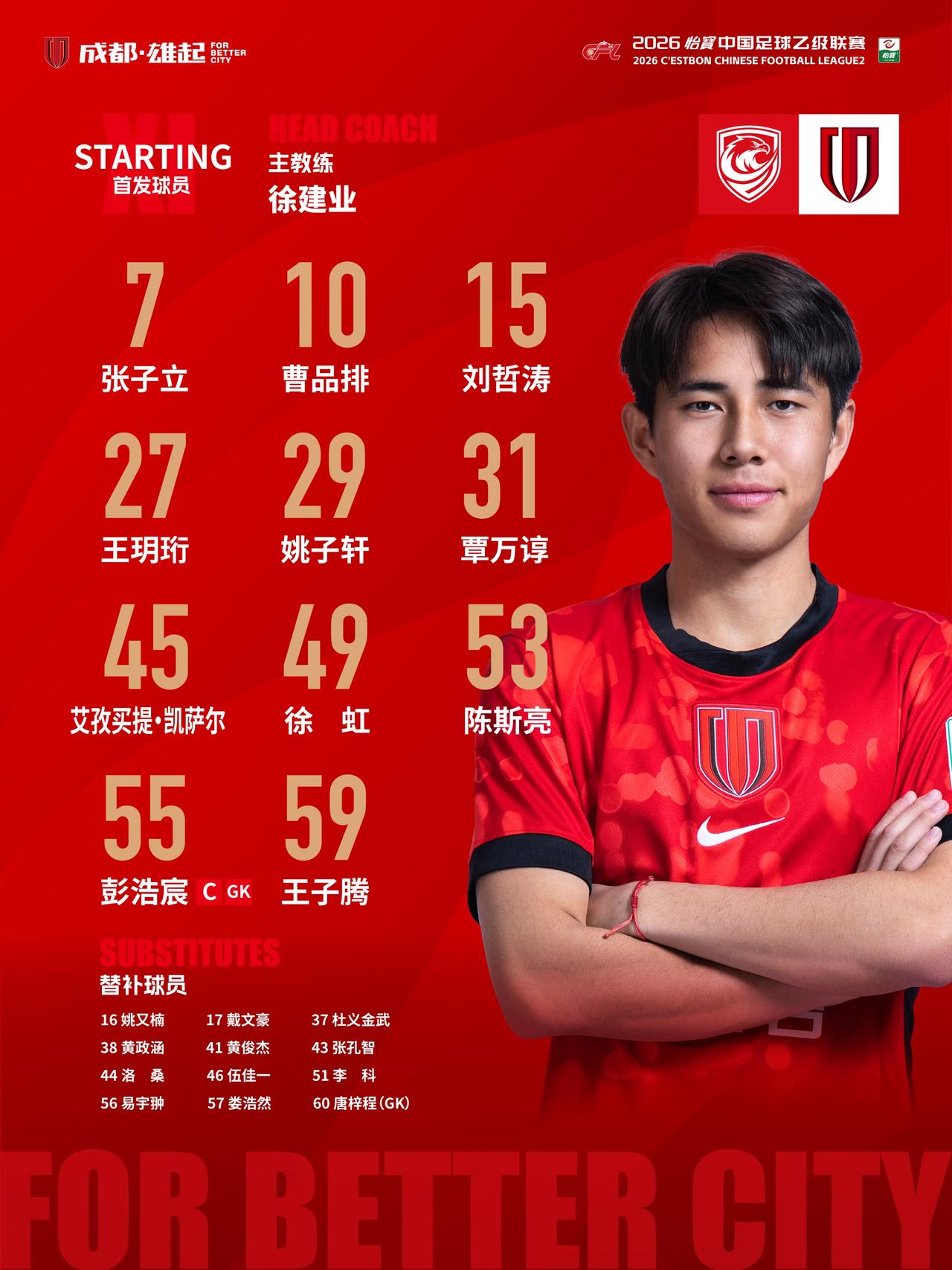 比赛首发名单出炉！蓉城青年军，雄起！