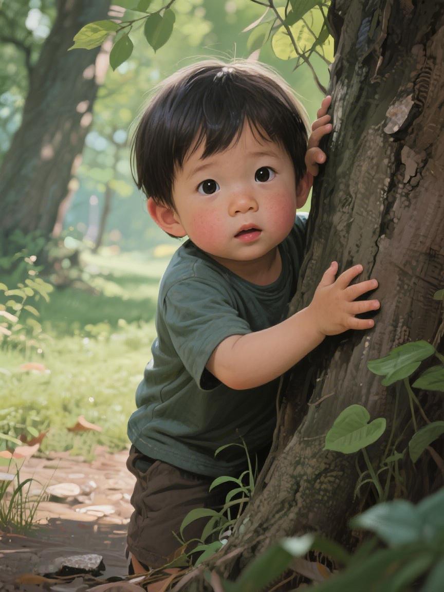 AI妙生图躲在树后的身影，恰似对世界的小小探寻，于自然中找寻未知的惊喜✨