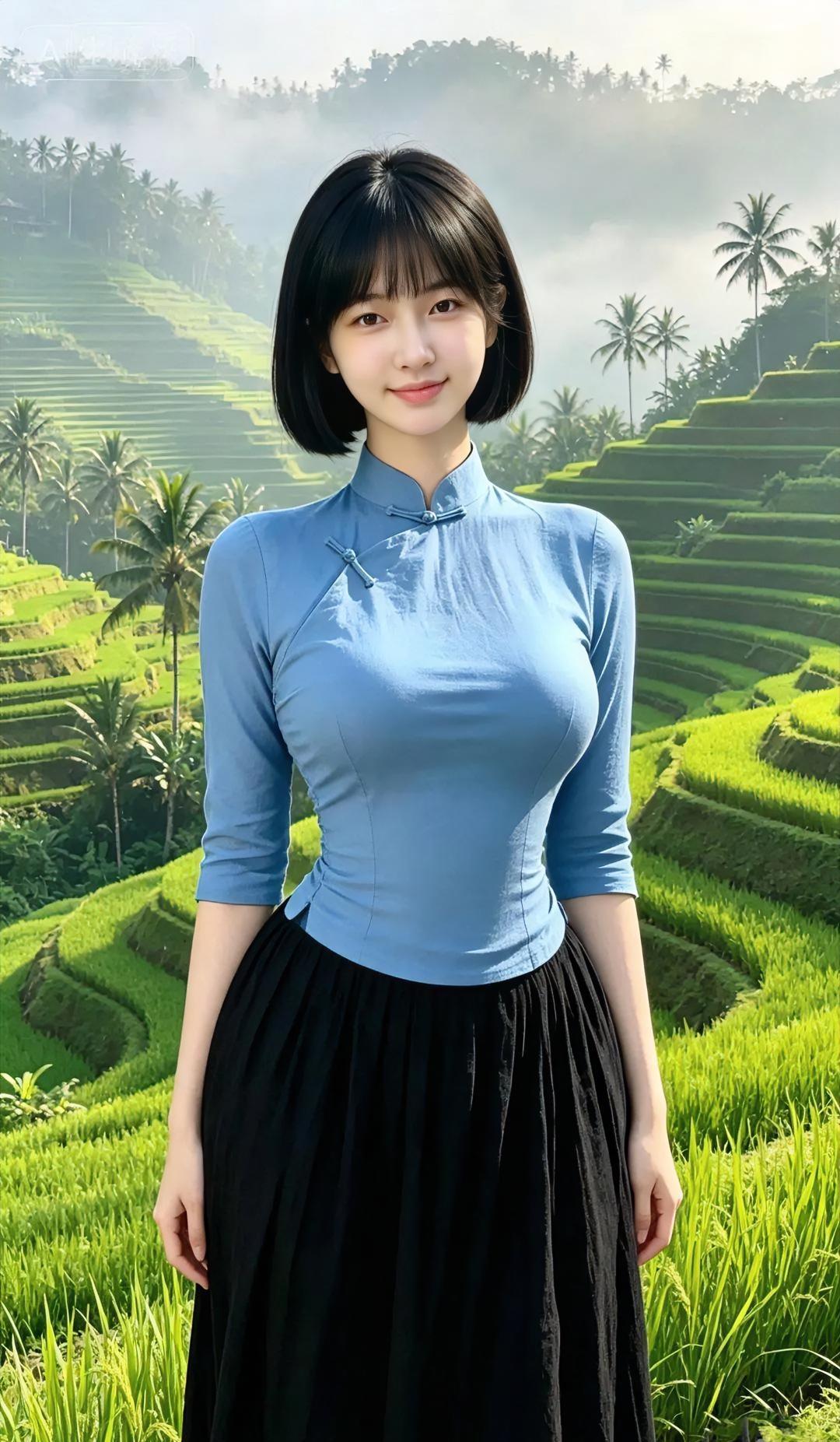 晨雾轻绕梯田，

绿浪一层层铺向山边。

你站在风里，

浅蓝上衣映着天光，
