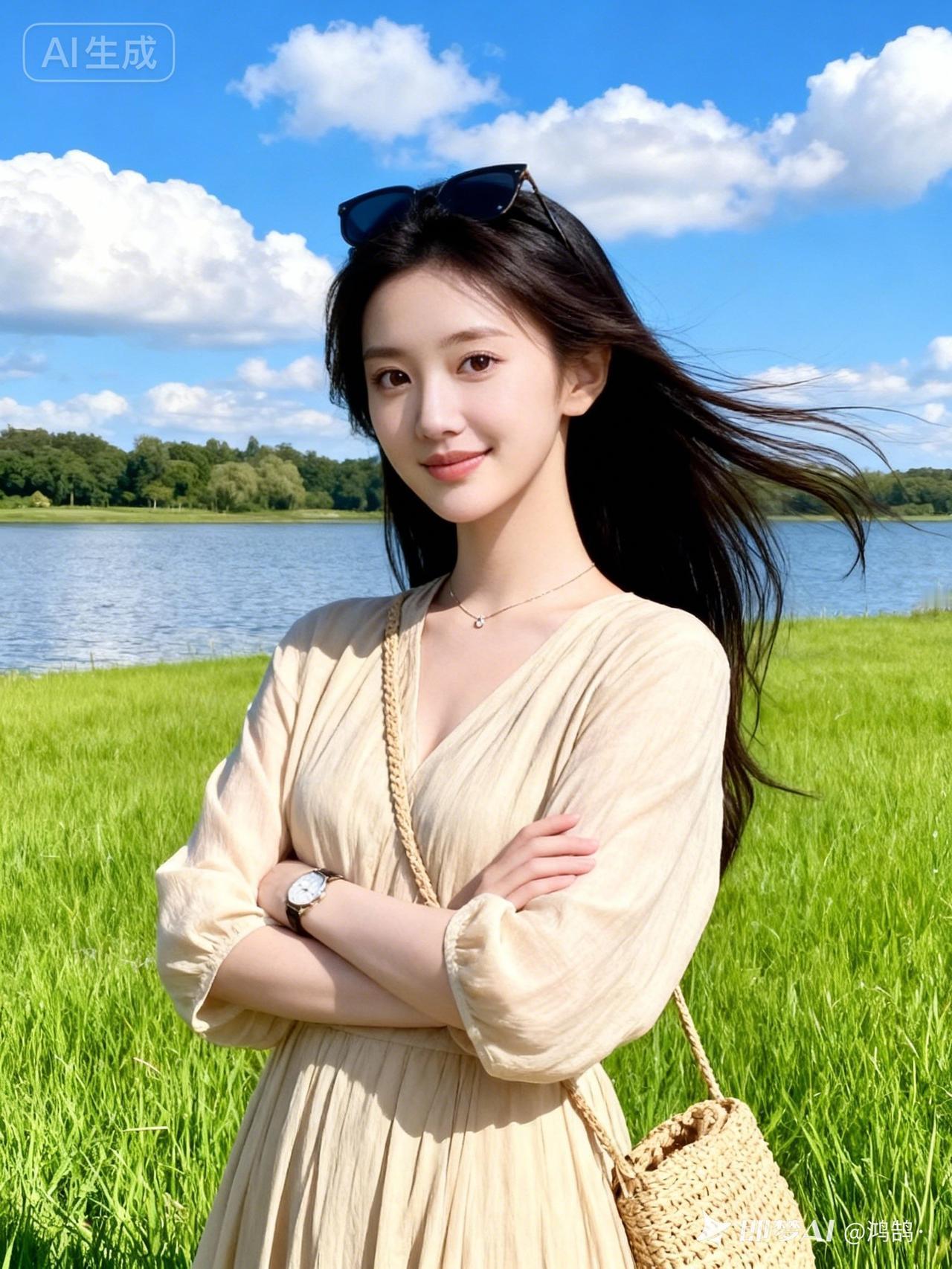 夏日清新风，草地上微笑的少女！