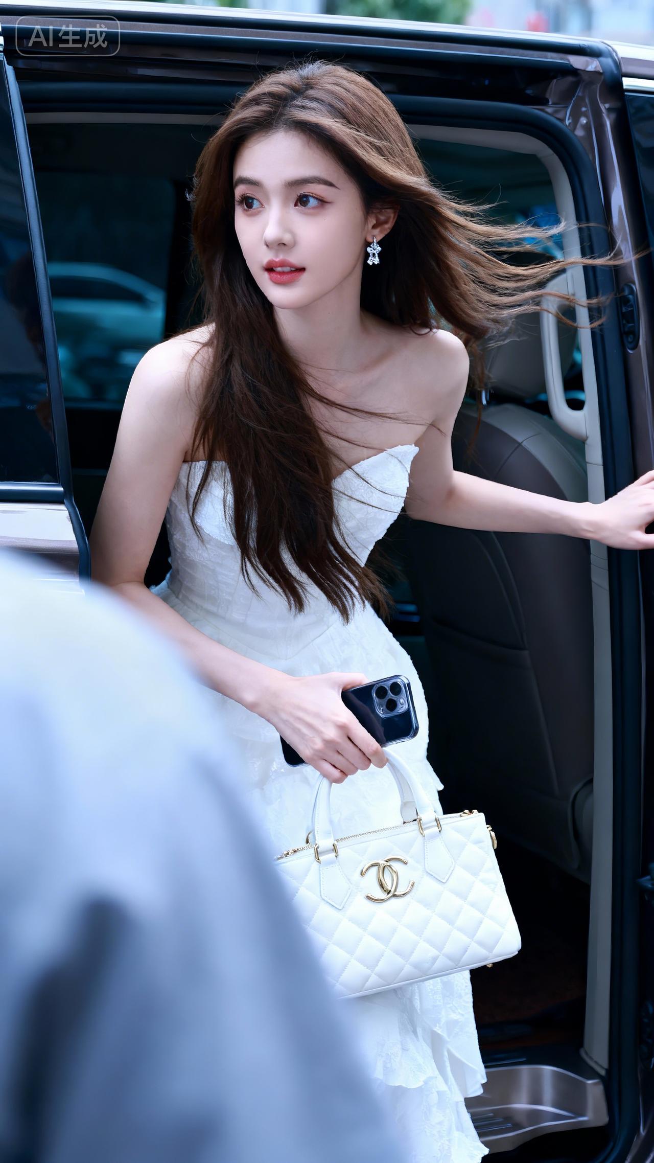 街拍女神，白色抹胸礼裙配钻石耳饰，优雅纯欲氛围感拉满白色缎面裙穿搭 鎏金细闪抹胸