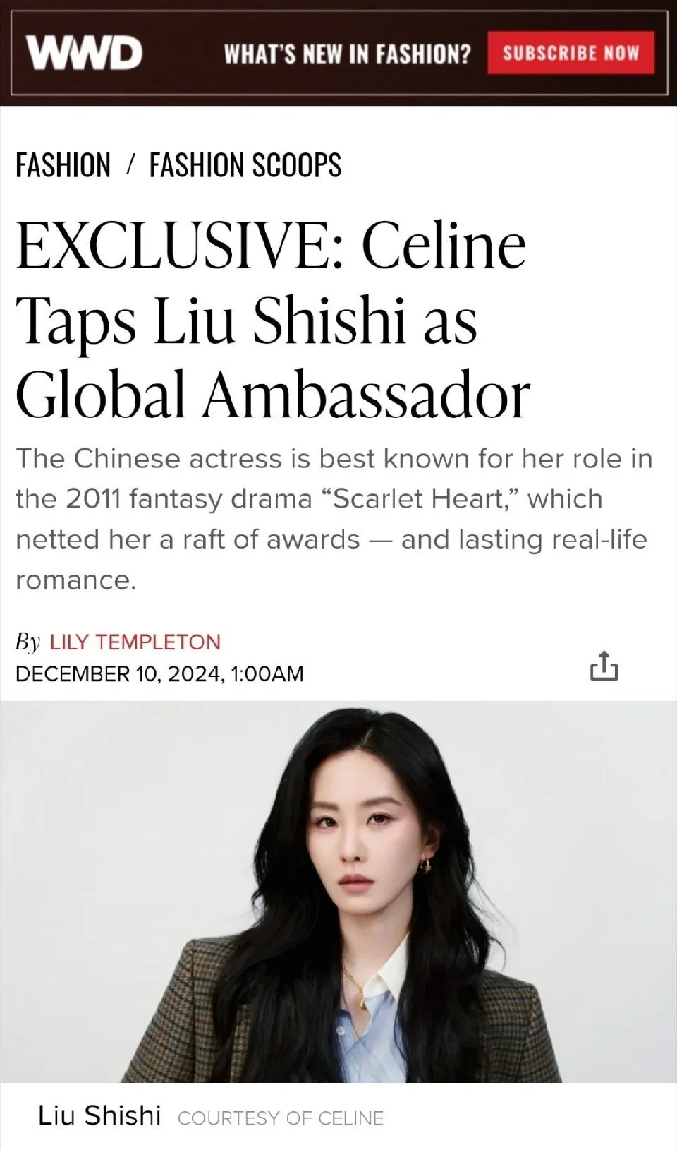 国际时尚权威WWD报道刘诗诗正式成为Celine全球大使 空降全球最高...