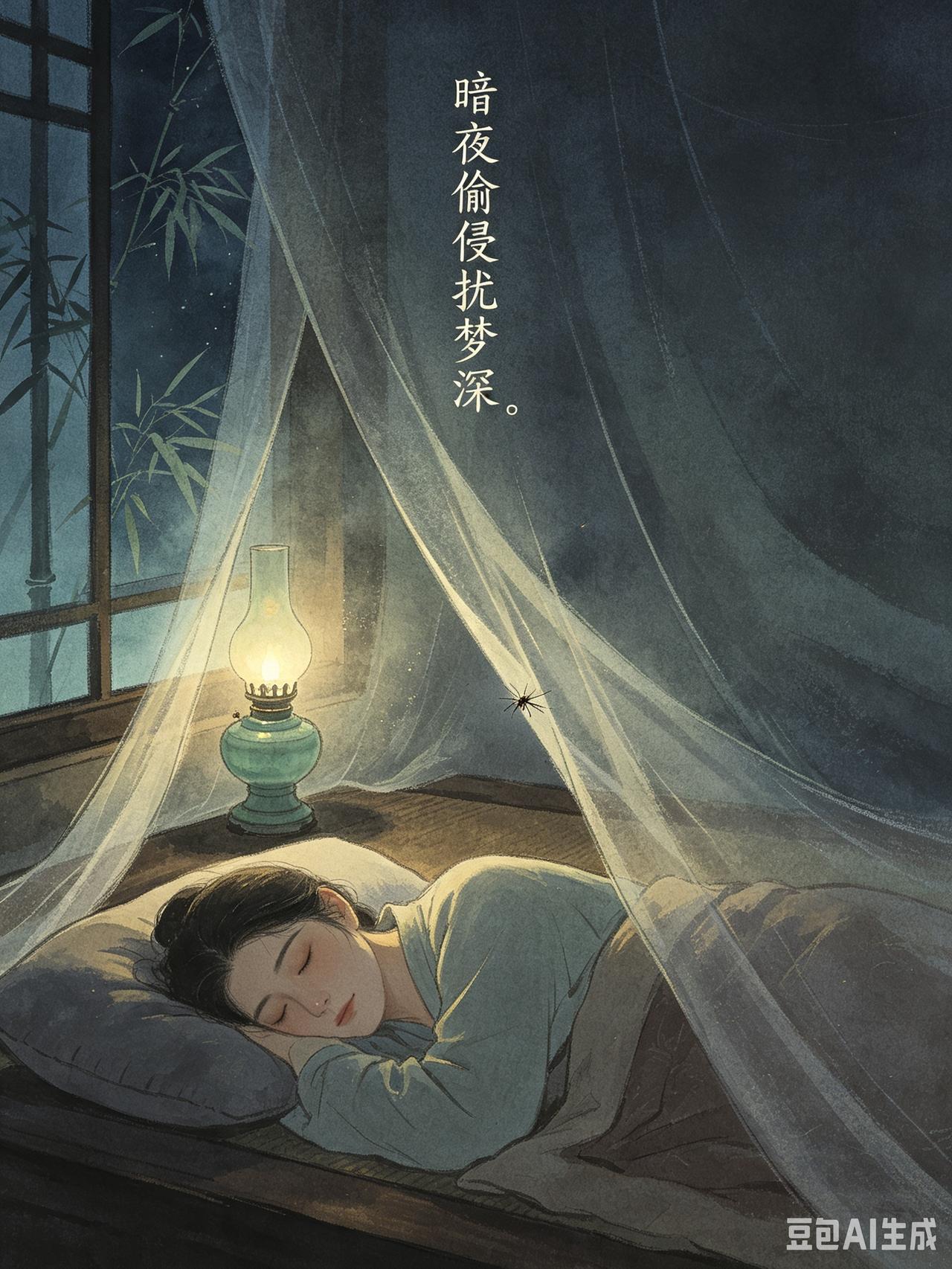 七绝   咏蚊
 
暗夜偷侵扰梦深，
嗡嗡乱舞总烦人。
贪心吸血寻常见，
一拍呜