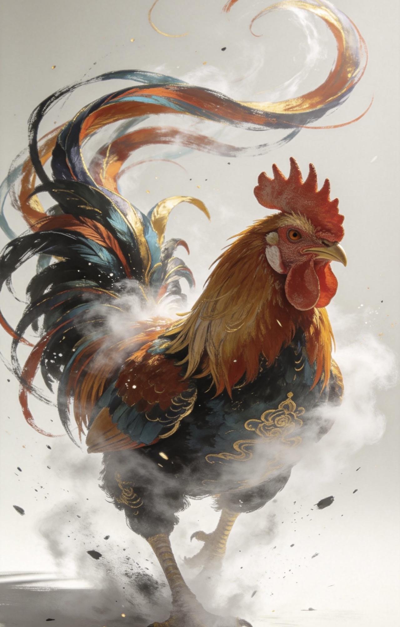 精美壁纸（791）🌈
📝这幅画面描绘的是一只珐琅彩质感的鸡形神兽，它被雾气层
