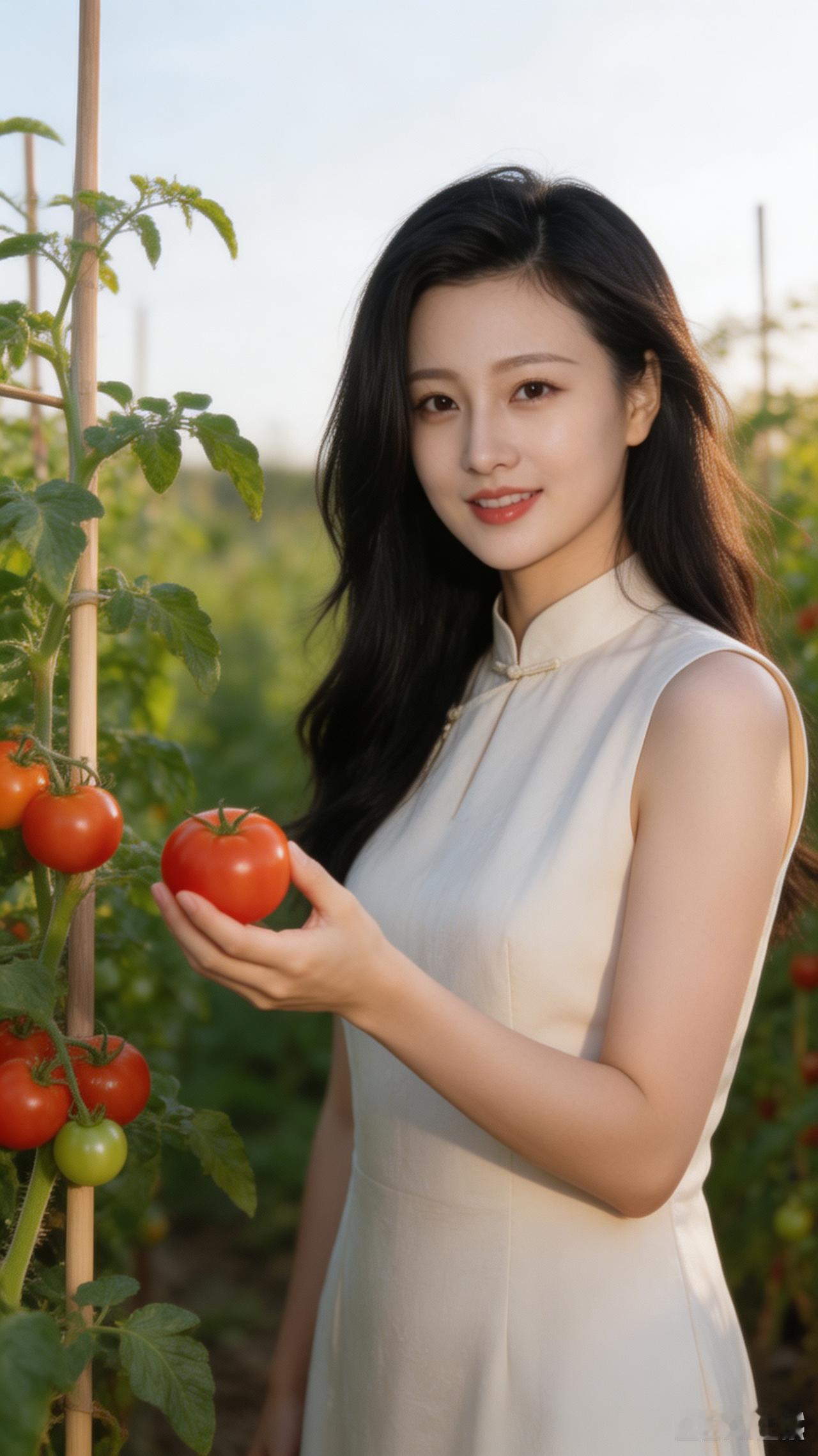 这姑娘在田里摘番茄呢。