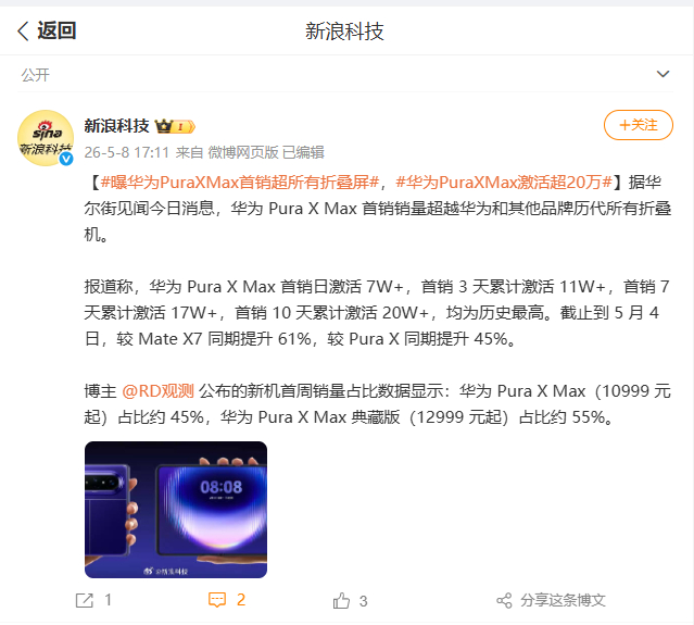 曝华为PuraXMax10天销量突破20万台折叠屏的终极答案，是“变大”还是“变
