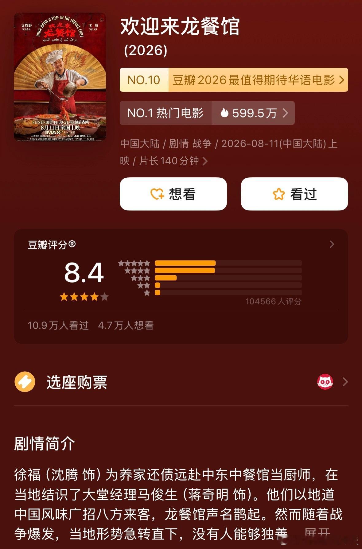 龙餐馆豆瓣开分8.4这电影开分8.4，你们觉得高了还是低了？看过的朋友进来说说，