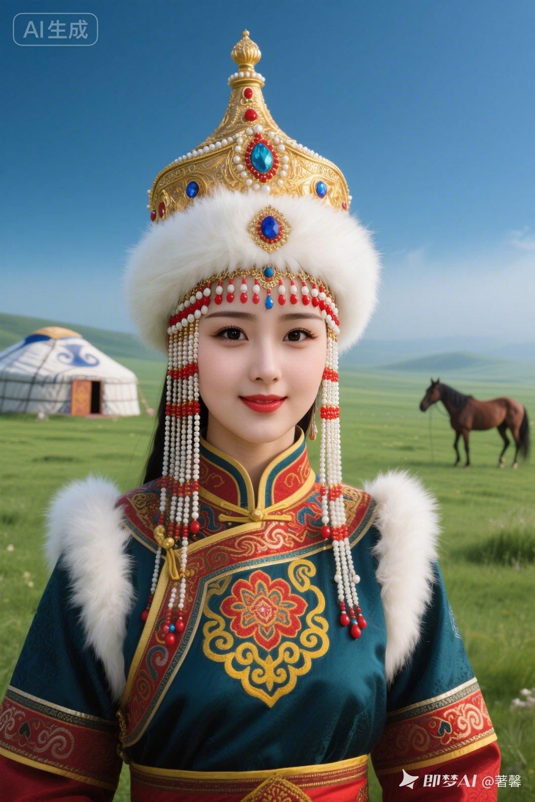 草原上的美丽姑娘，身着传统服饰，背景是广阔的草原和蒙古包。