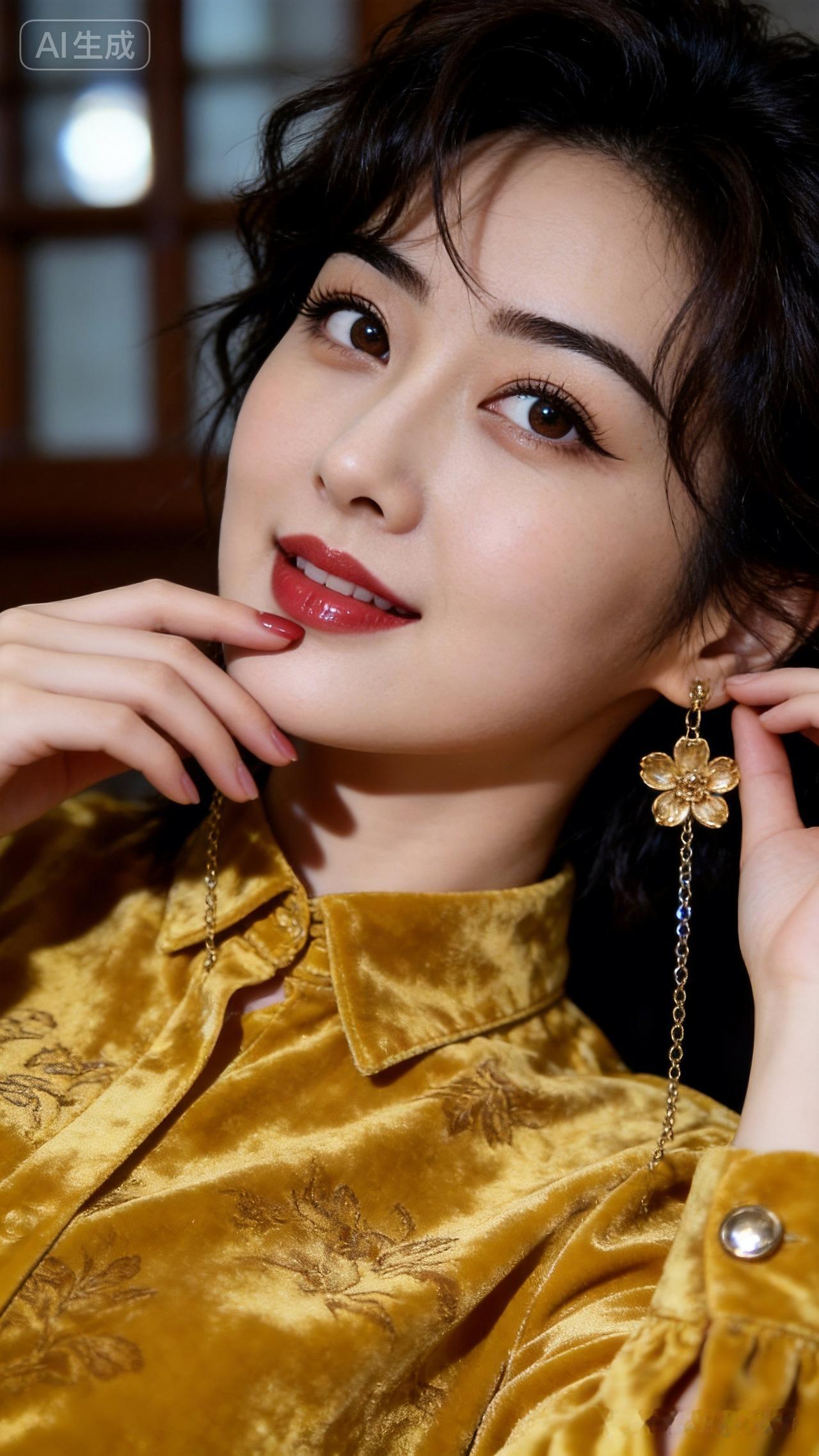 优雅复古风，金色耳环与丝绒衬衫的完美搭配，尽显时尚魅力！💄✨