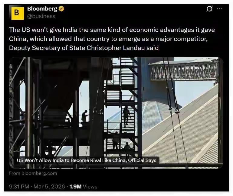 美国当着面说，要遏制印度成为强国

北京日报3月6日报道，正在印度参加的国际问题