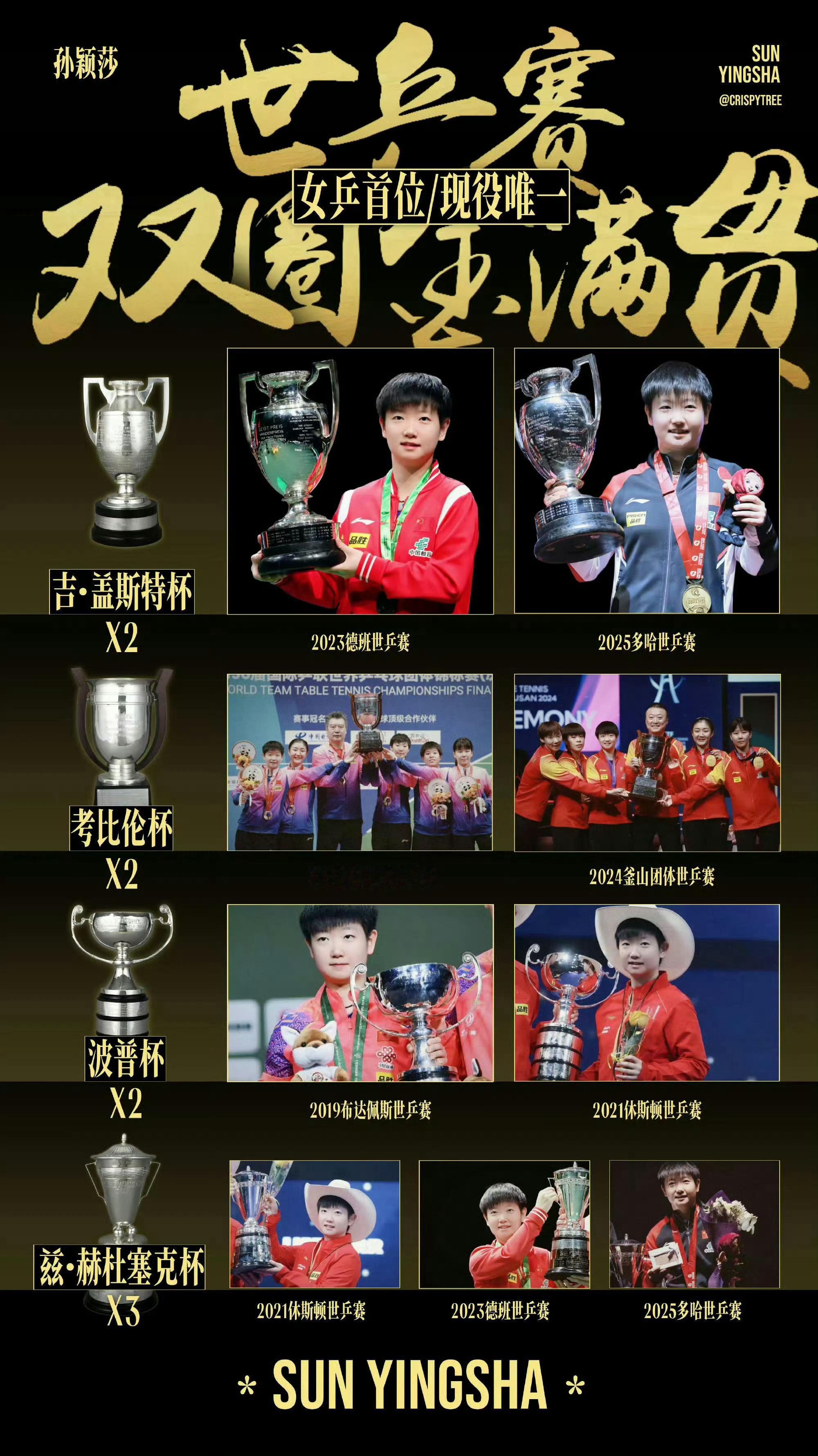 今天不但是孙颖莎卫冕世锦赛女单冠军的一周年也是我们女乒历史第一位双圈金满贯一周年
