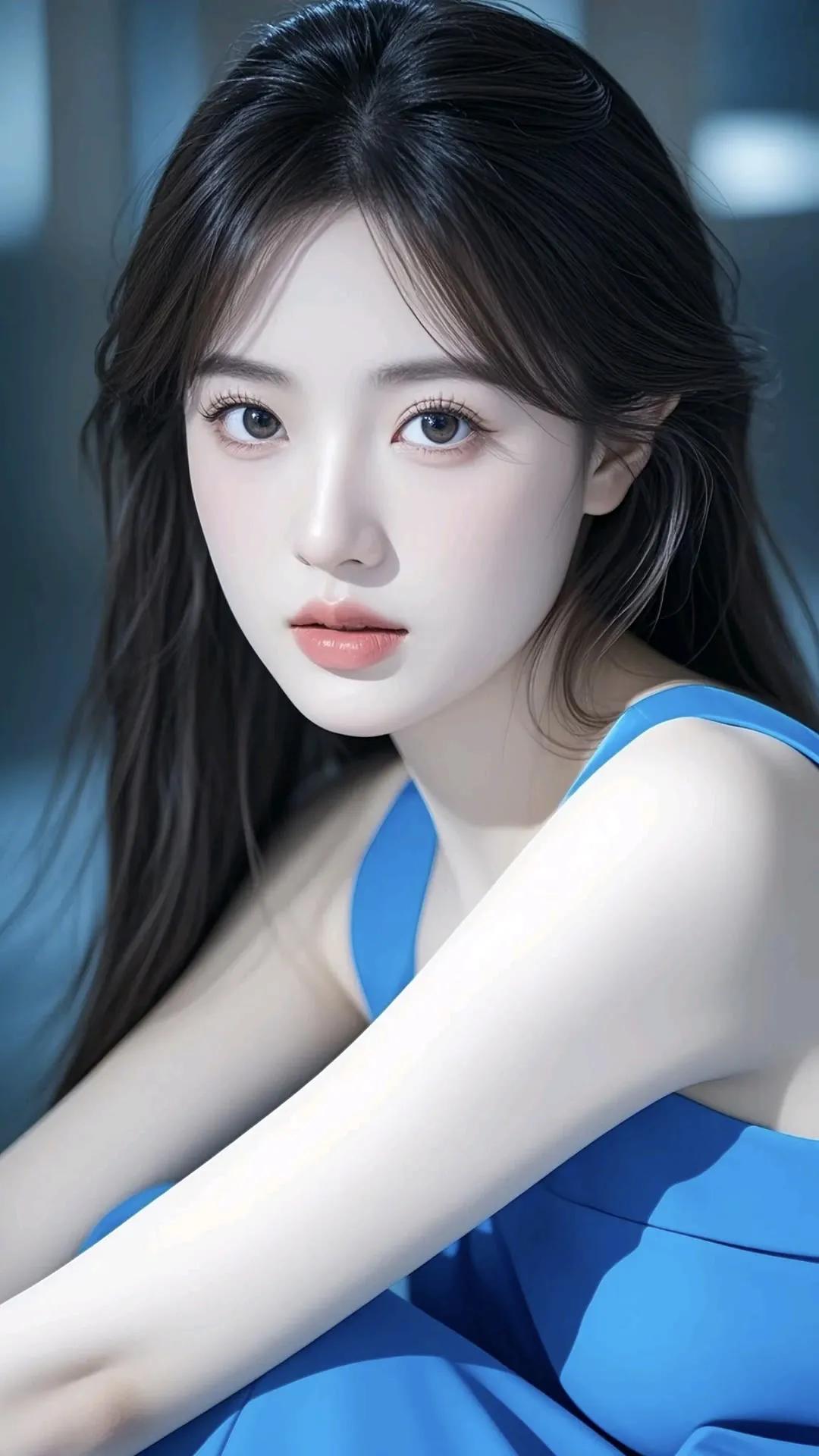 梦幻蓝裙少女，温柔似水，宛如画中仙子。