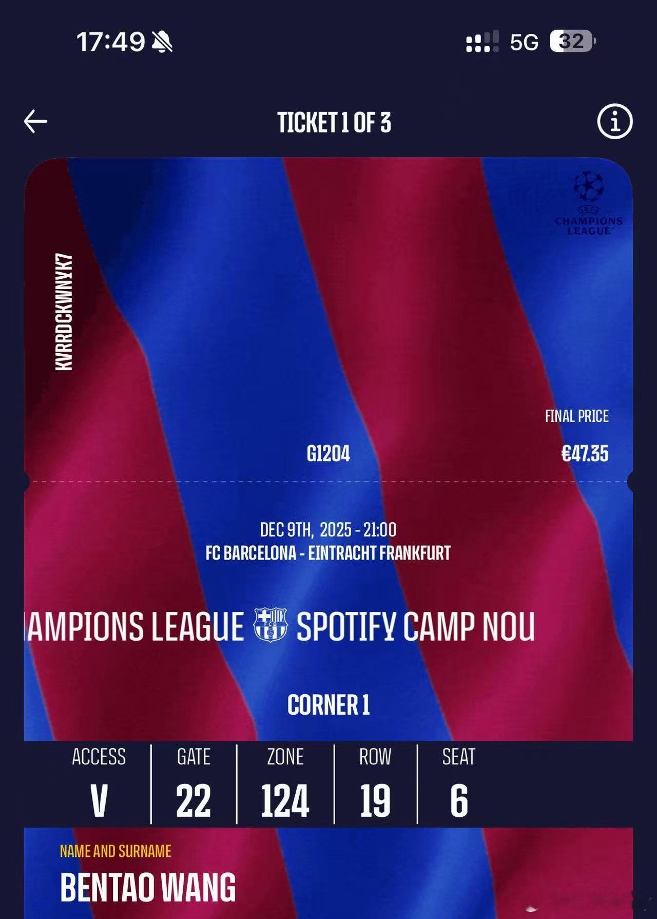 再看一场巴萨 VS 法兰克福欧冠，明天回国抱闺女喽