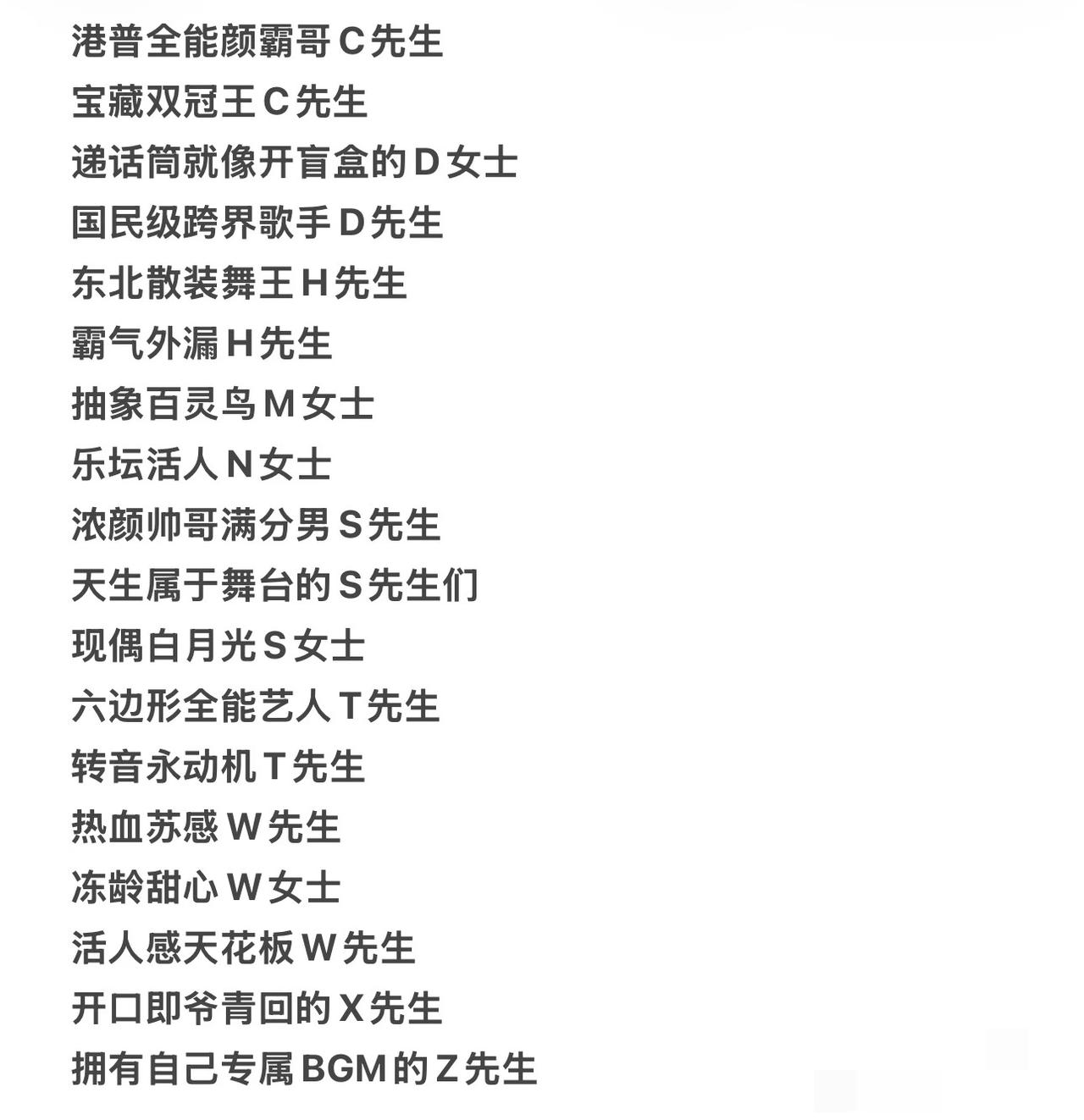 湖南卫视跨年演唱会嘉宾阵容线索来了！
看看你猜出了哪几个？
双冠王c先生虽然不严