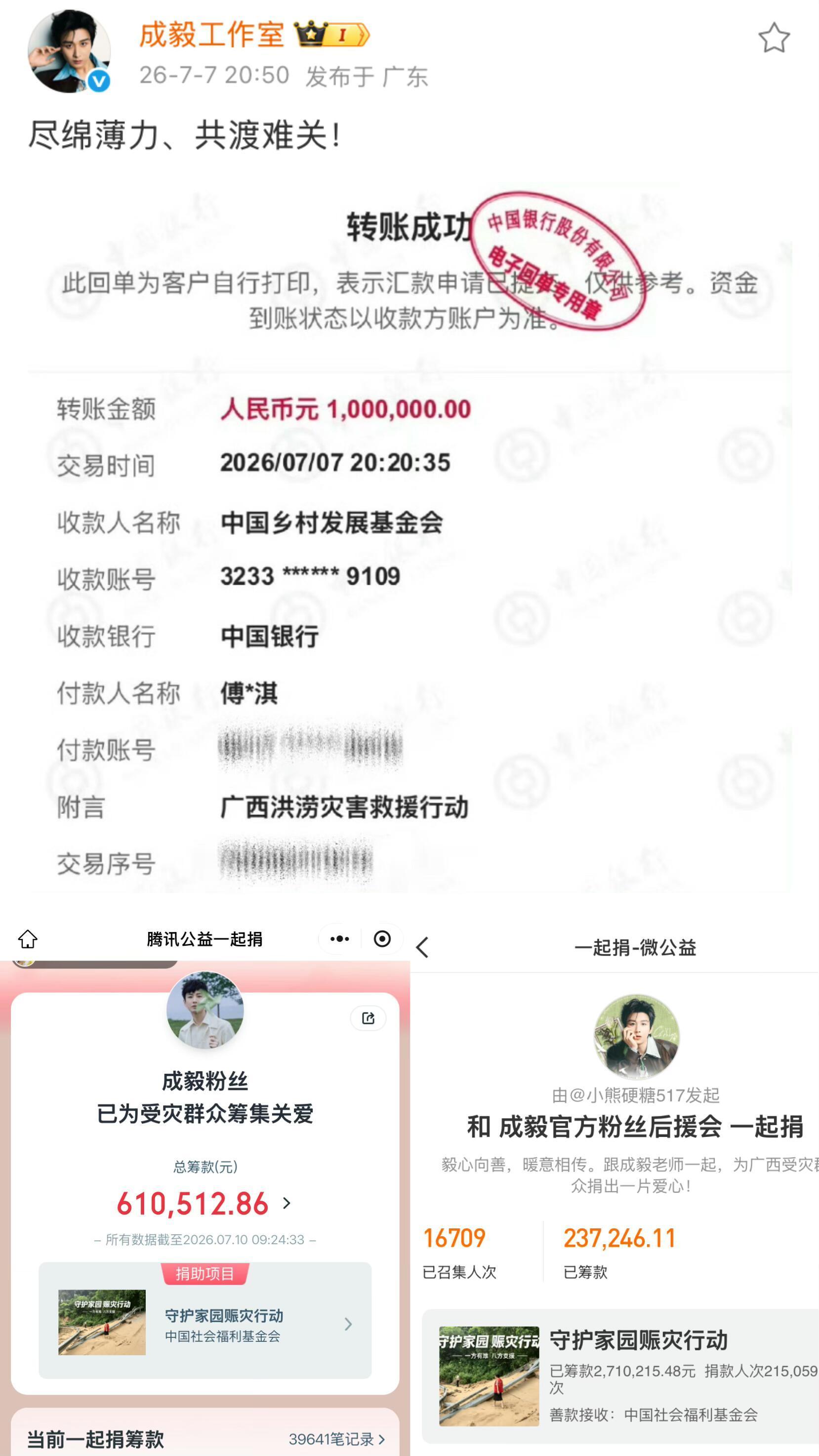 成毅和成毅粉丝为广西洪水驰援185万余元！救灾物资已经陆续就位！广西的果果们还有