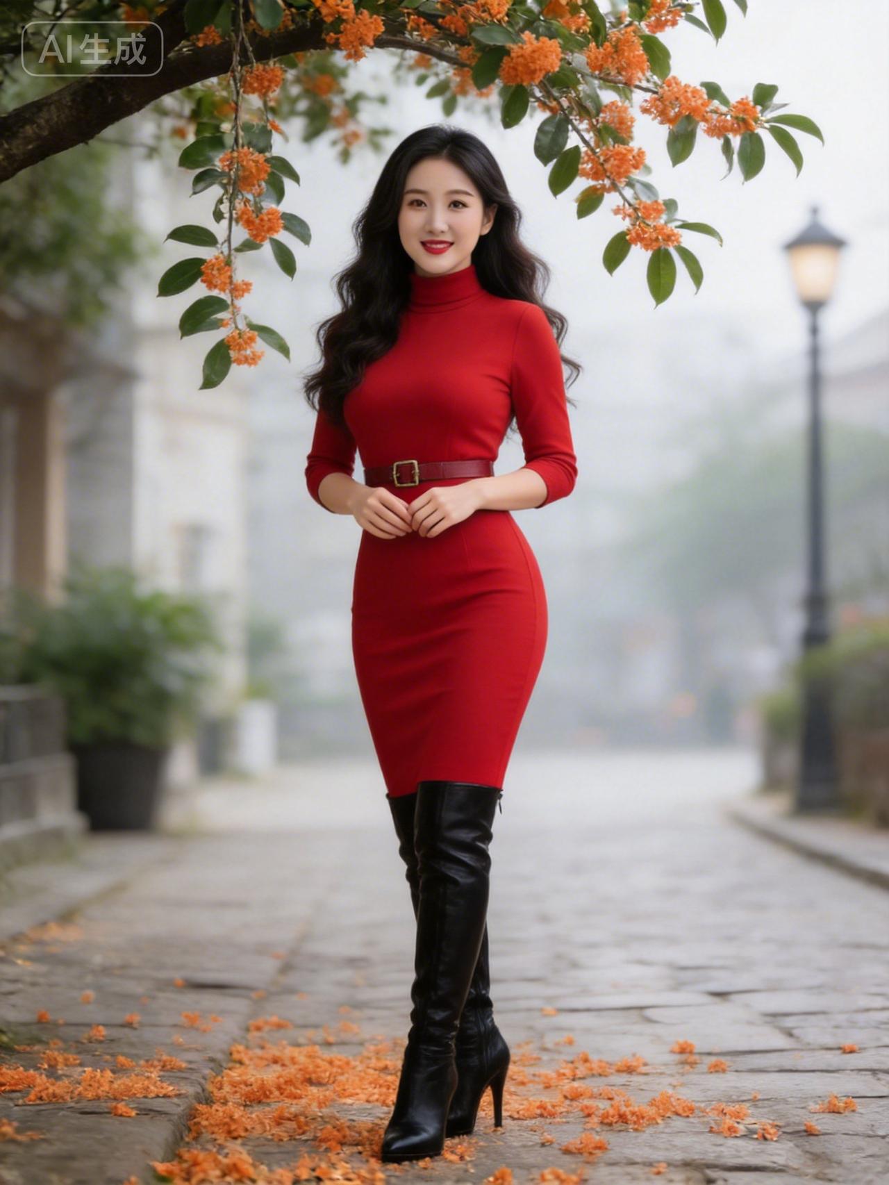 秋日漫步，红裙与落叶相映成趣