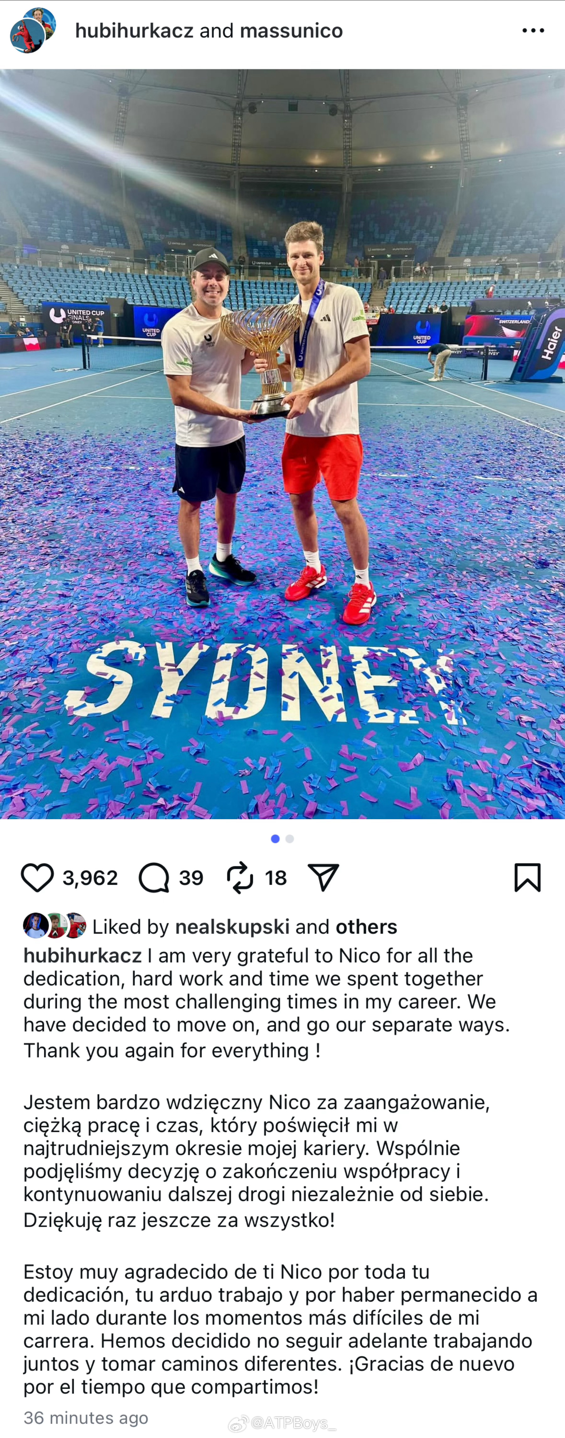 那天评论区还说波兰一姐一哥同步陷入困境，这下斯瓦泰克刚解约，胡尔卡奇也发布了与马