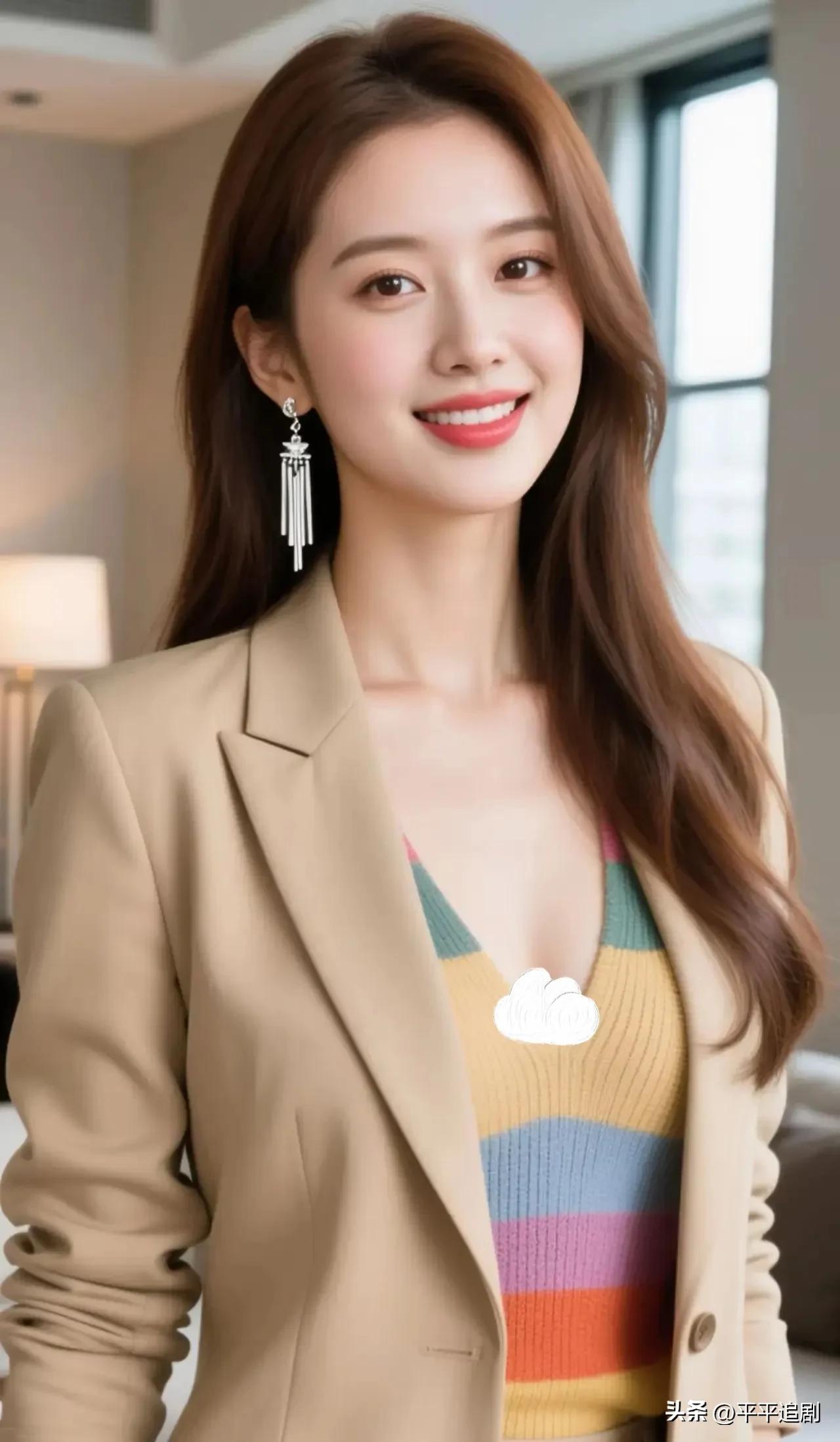 卡其色西装碰撞彩虹针织，流苏耳坠轻晃出灵动。干练与鲜活交织，在松弛的日常里，把每