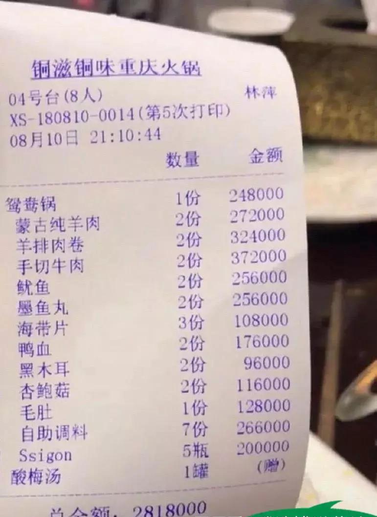 这是一顿铜滋铜味重庆火锅的消费清单，照片无偿奉献给爱装那啥的朋友。

有需要的朋