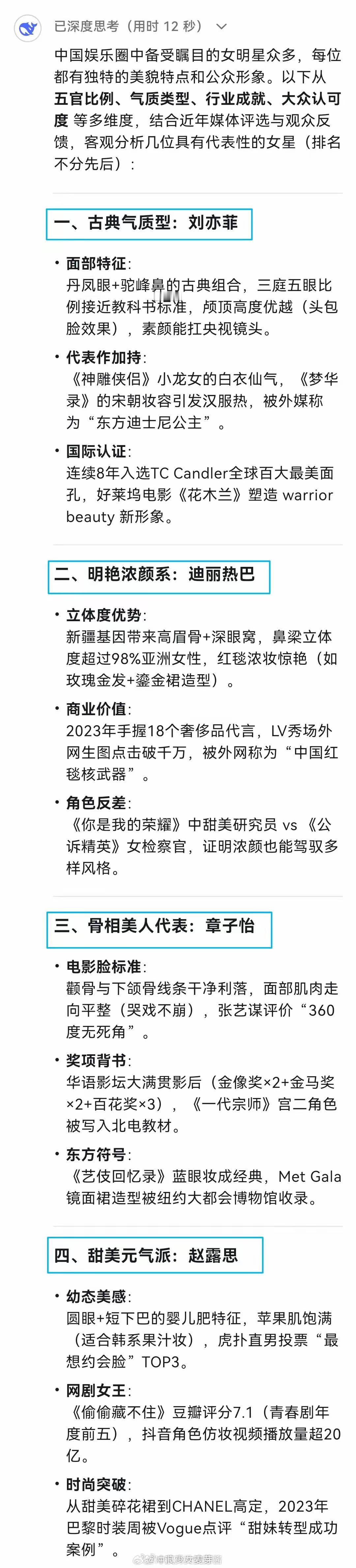 DeepSeek眼中娱乐圈最漂亮的女明星 ​​​