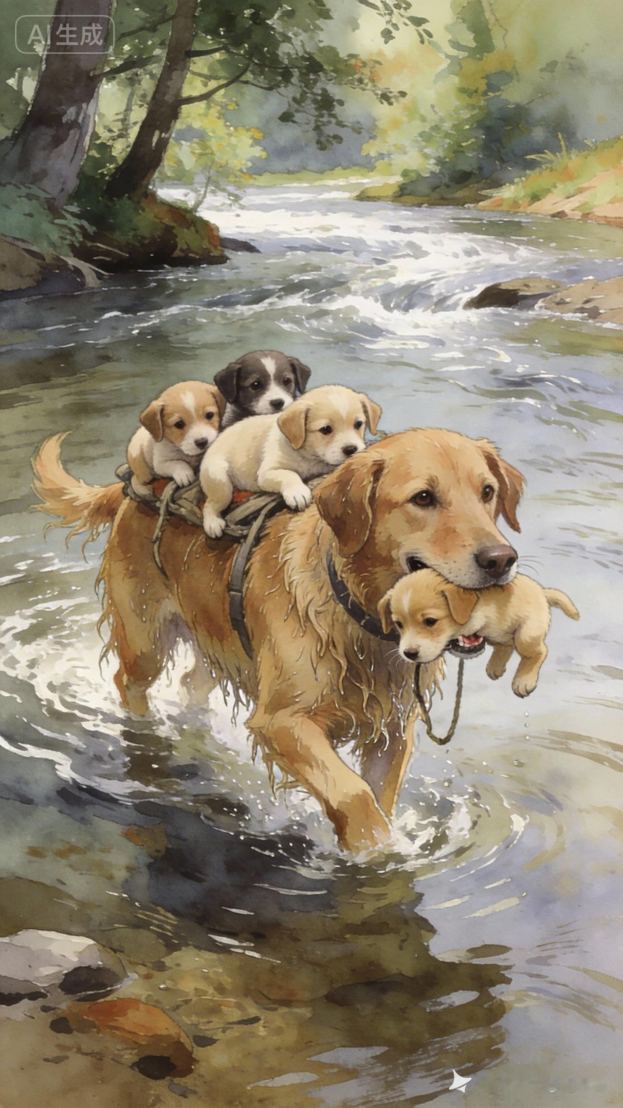 🐾 暖心瞬间！狗狗带着小奶狗过河，萌化你的心！🐾