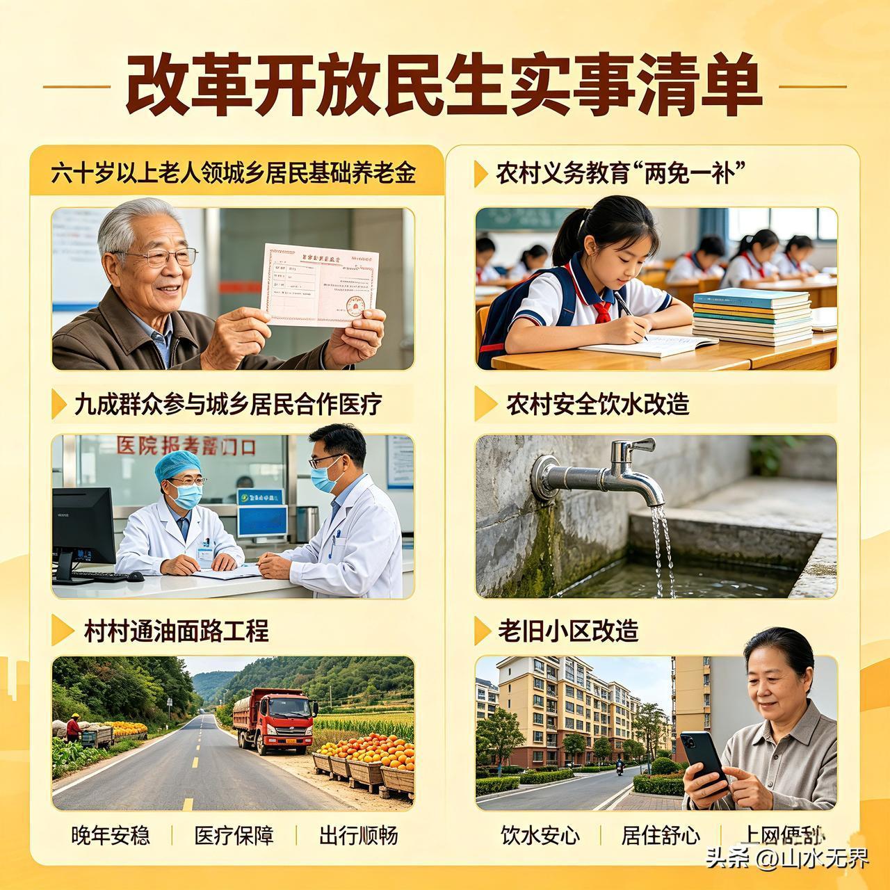 改革开放实打实的民心工程，每一件都暖到百姓心坎里
 
友友们，细数改革开放落地的