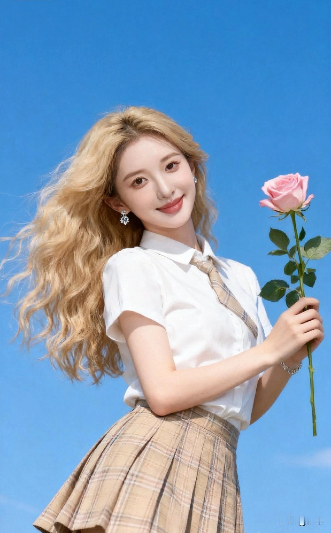 青春洋溢的校园少女，手持玫瑰，微笑面对蓝天